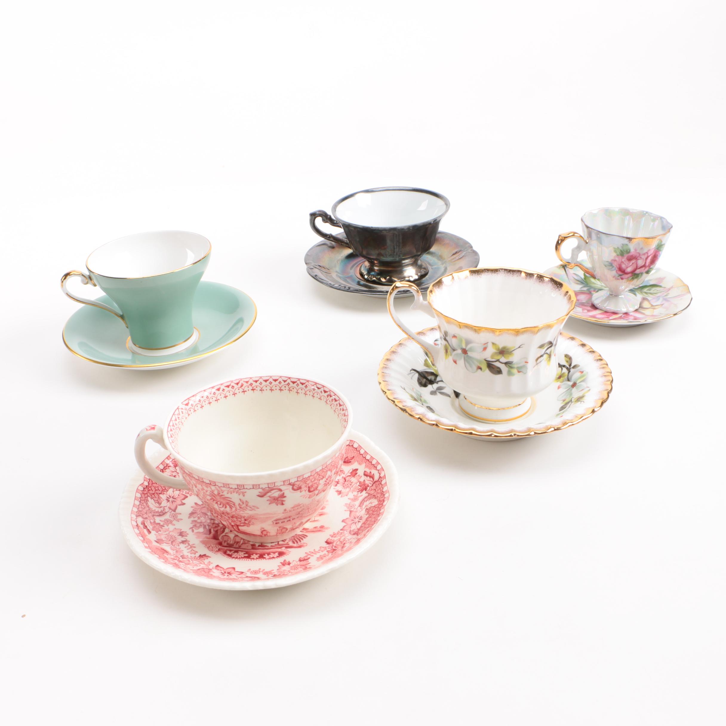Porcelain Teacups with Saucers Featuring Aynsley