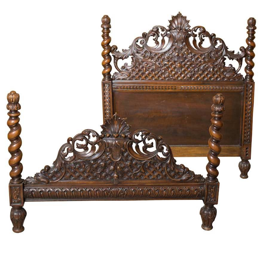 Vintage Victorian Style Twin Size Walnut Headboard and Footboard