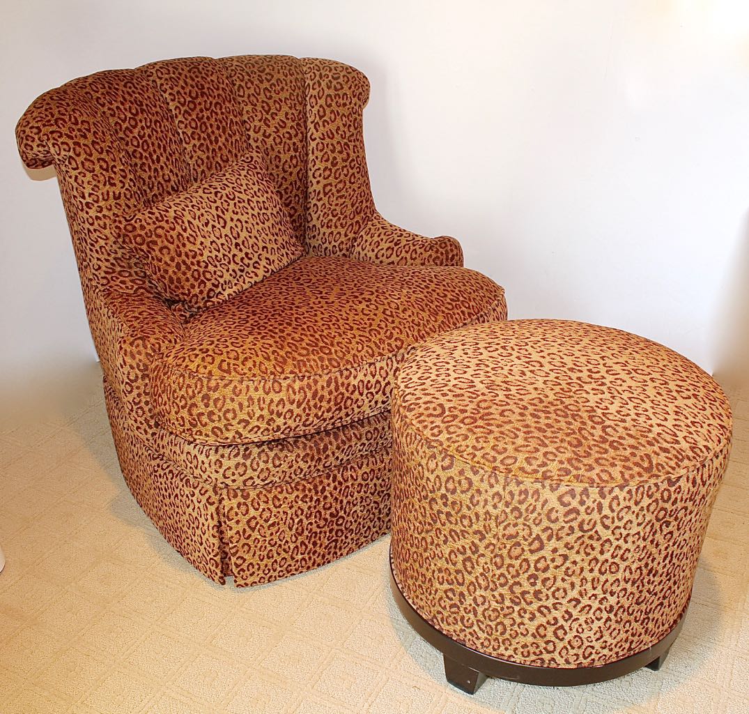 Hickory White Leopard Print Swivel Chair + Ottoman