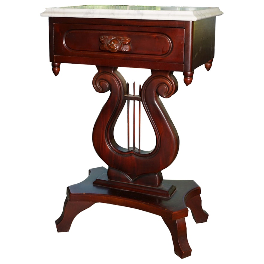 Victorian Style Lyre Accent Table with Marble Top