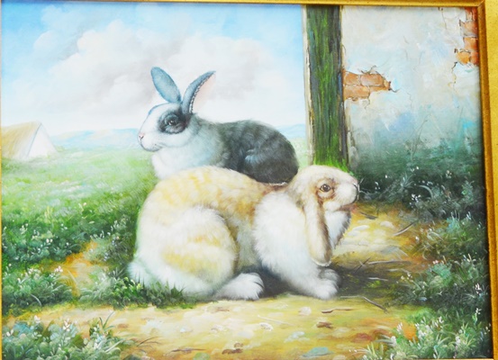 Original Oil Painting on Canvas of Two Bunnies