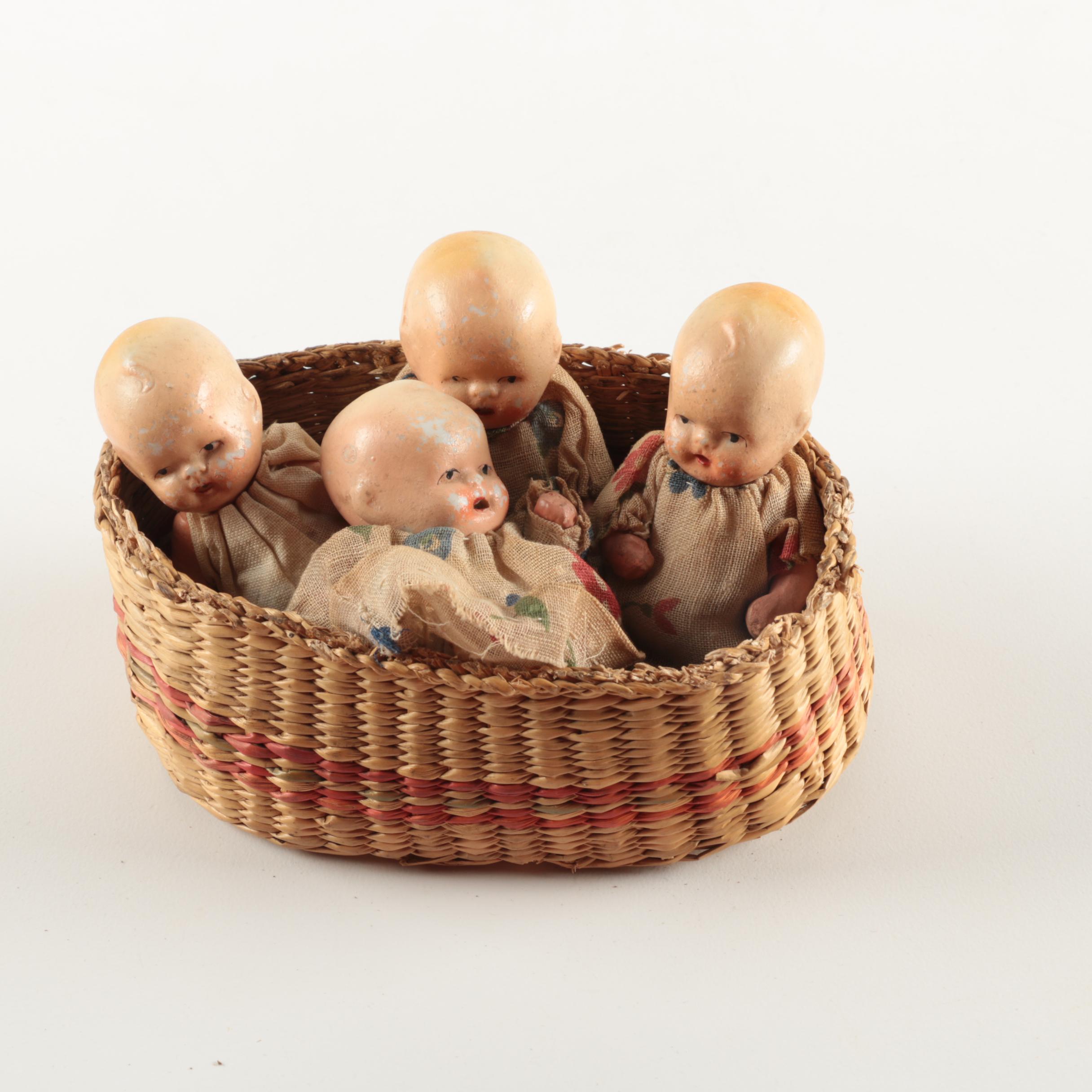 Antique Jointed Baby Dolls in Basket