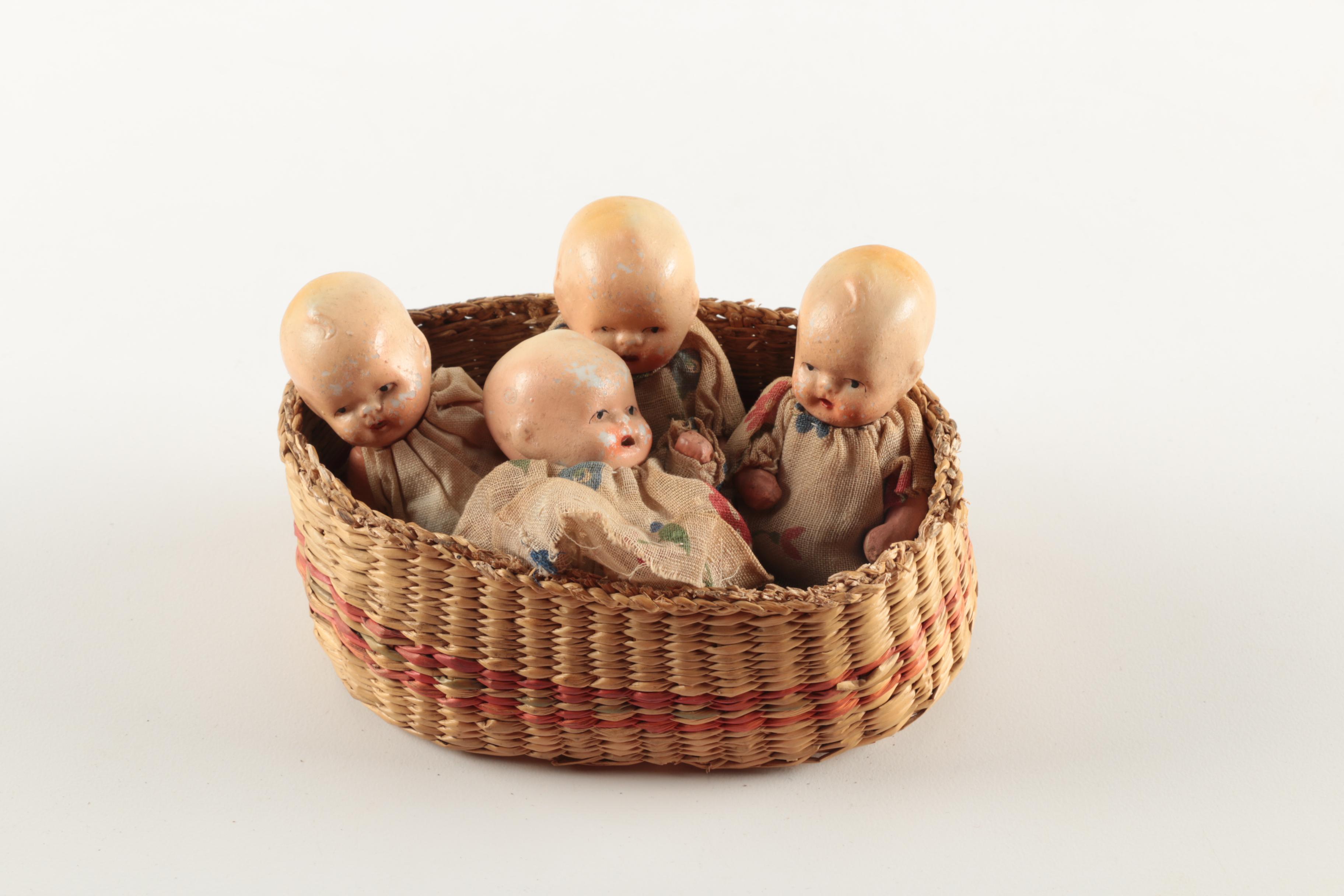 Antique Jointed Baby Dolls in Basket