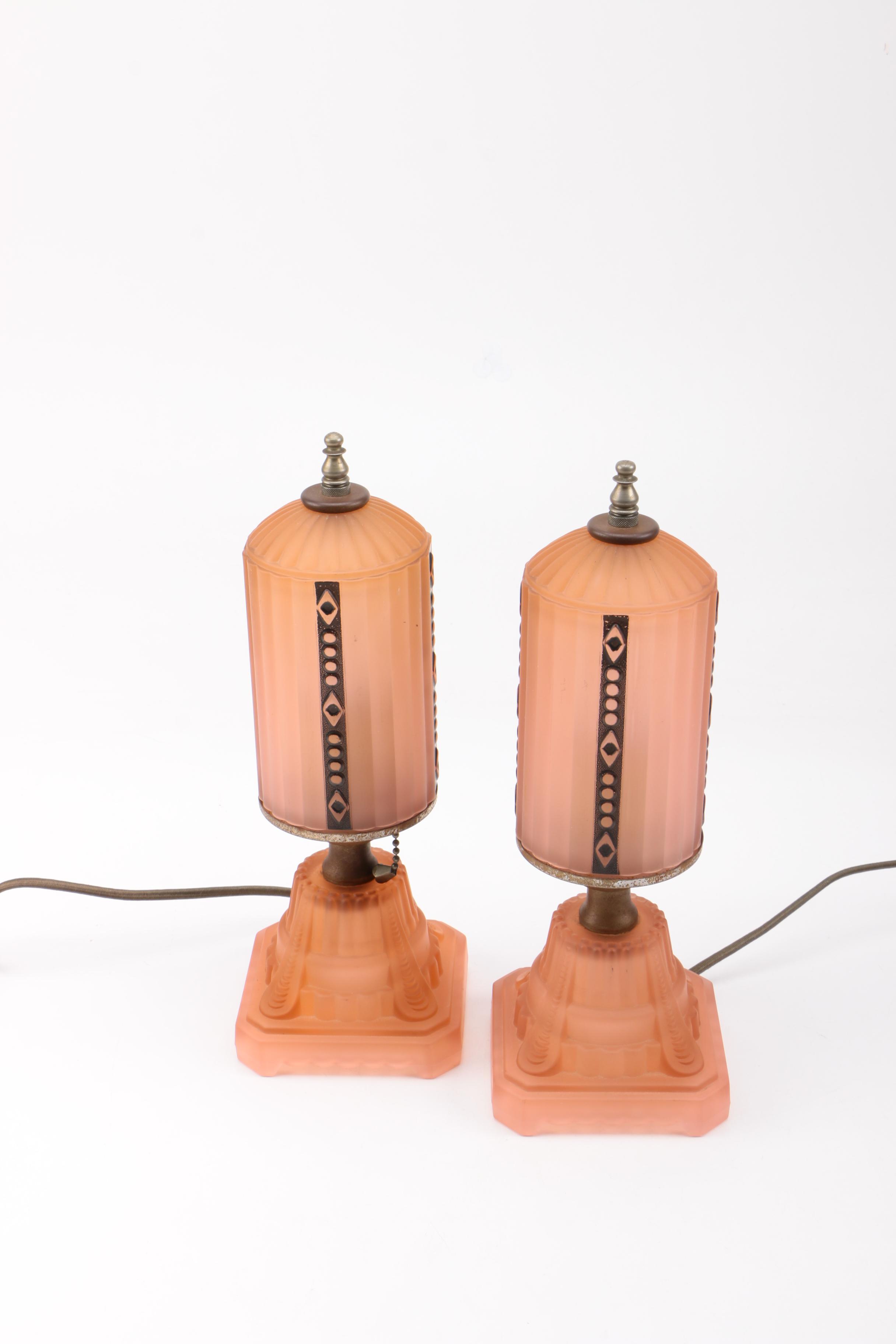 Vintage Art Deco Style Satin Glass Boudoir Lamps