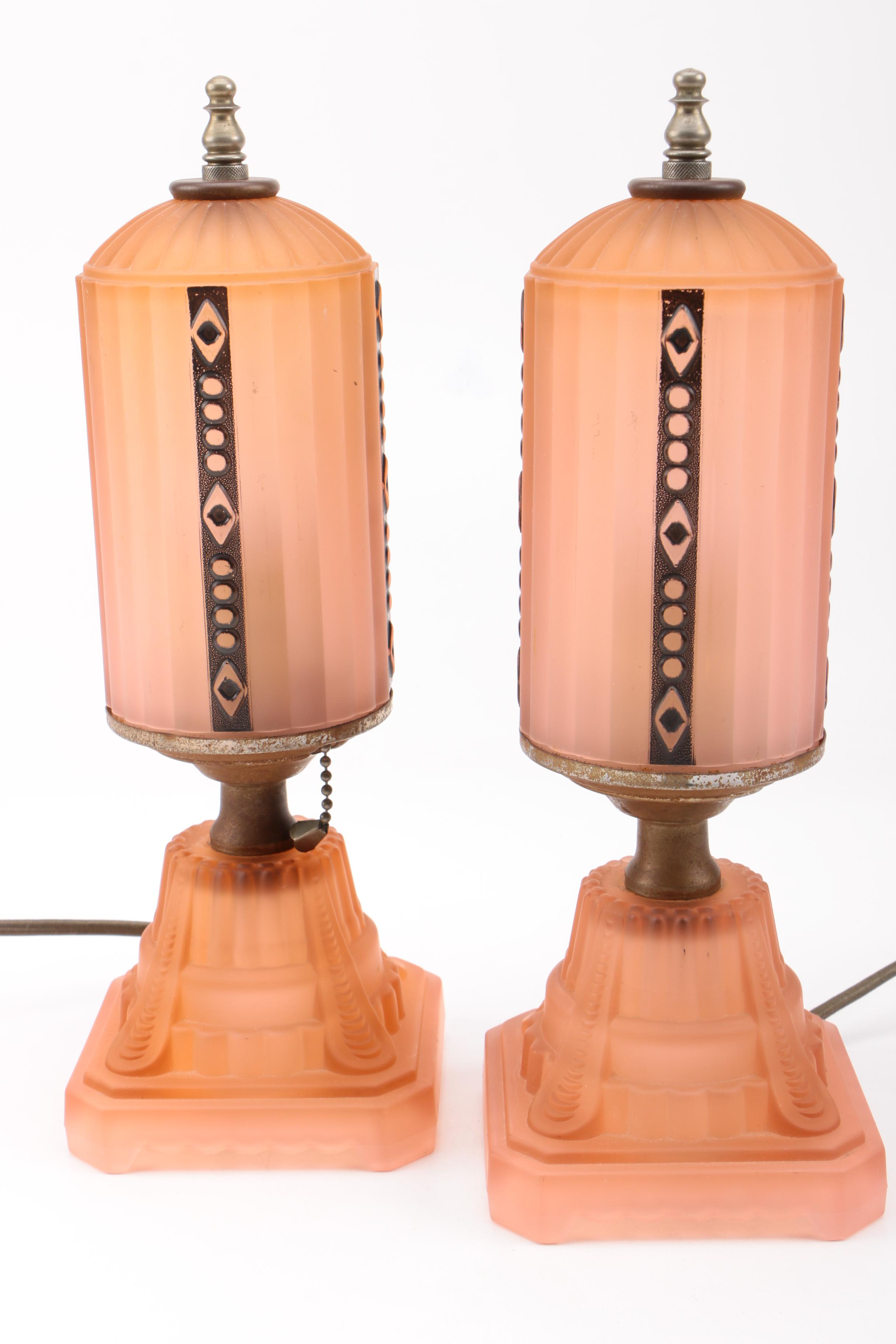 Vintage Art Deco Style Satin Glass Boudoir Lamps