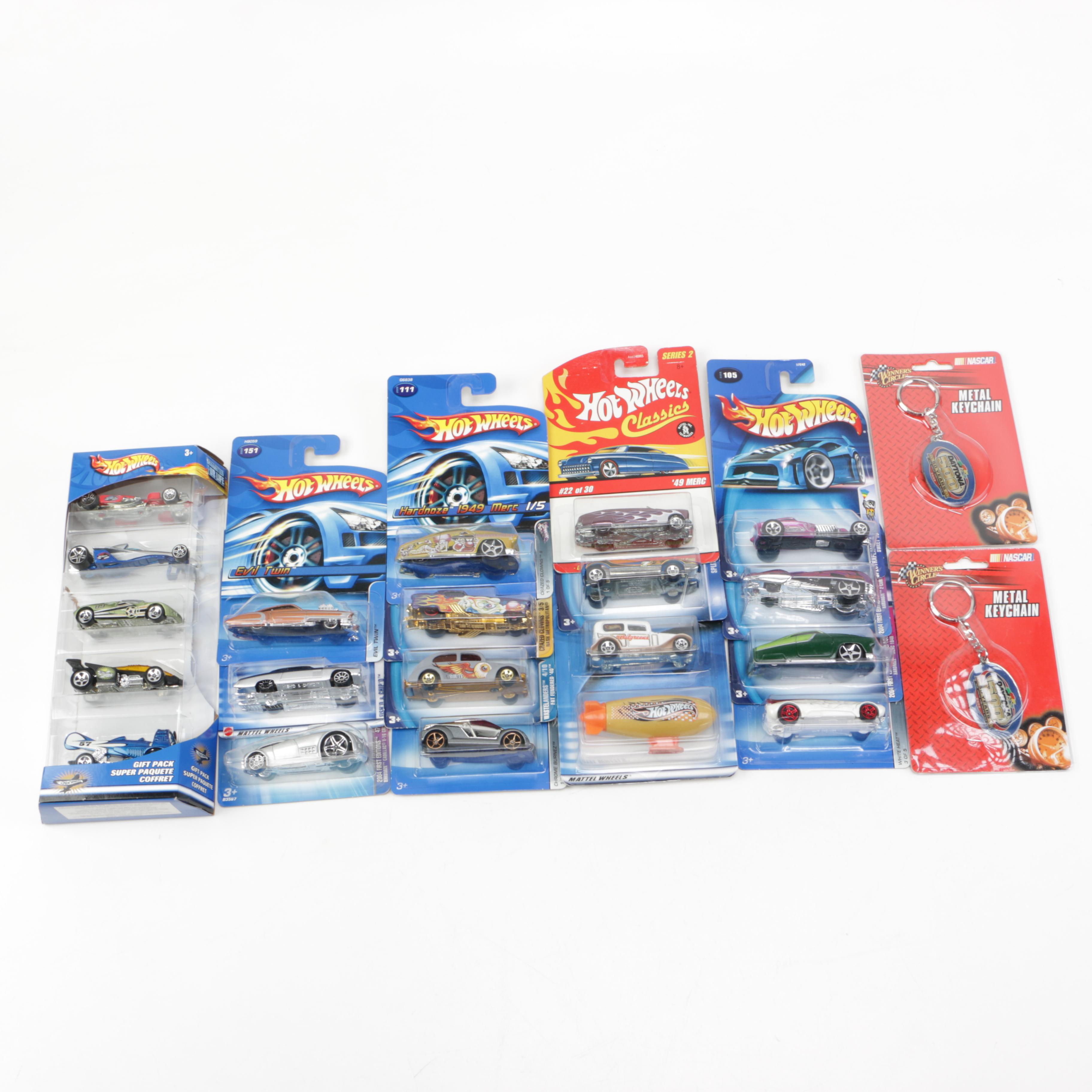 Hot Wheels Die-Cast Cars with Two Nascar Keychains