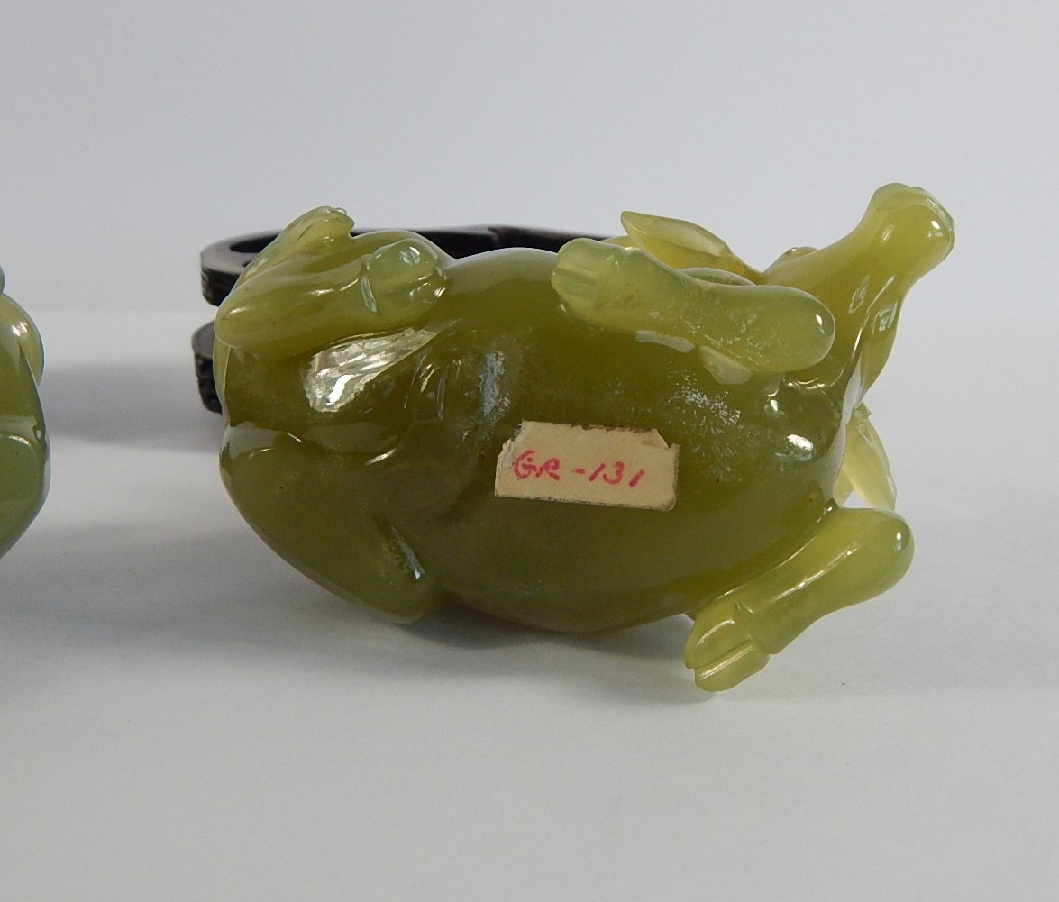 Two Vintage Jadeite Bull Figurines on Lotus Base