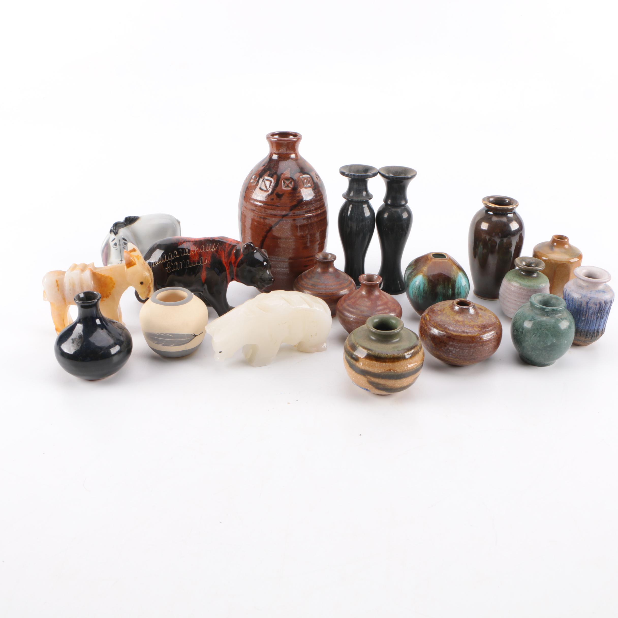 Assortment Of Hand Thrown Stoneware  and Carved Figurines
