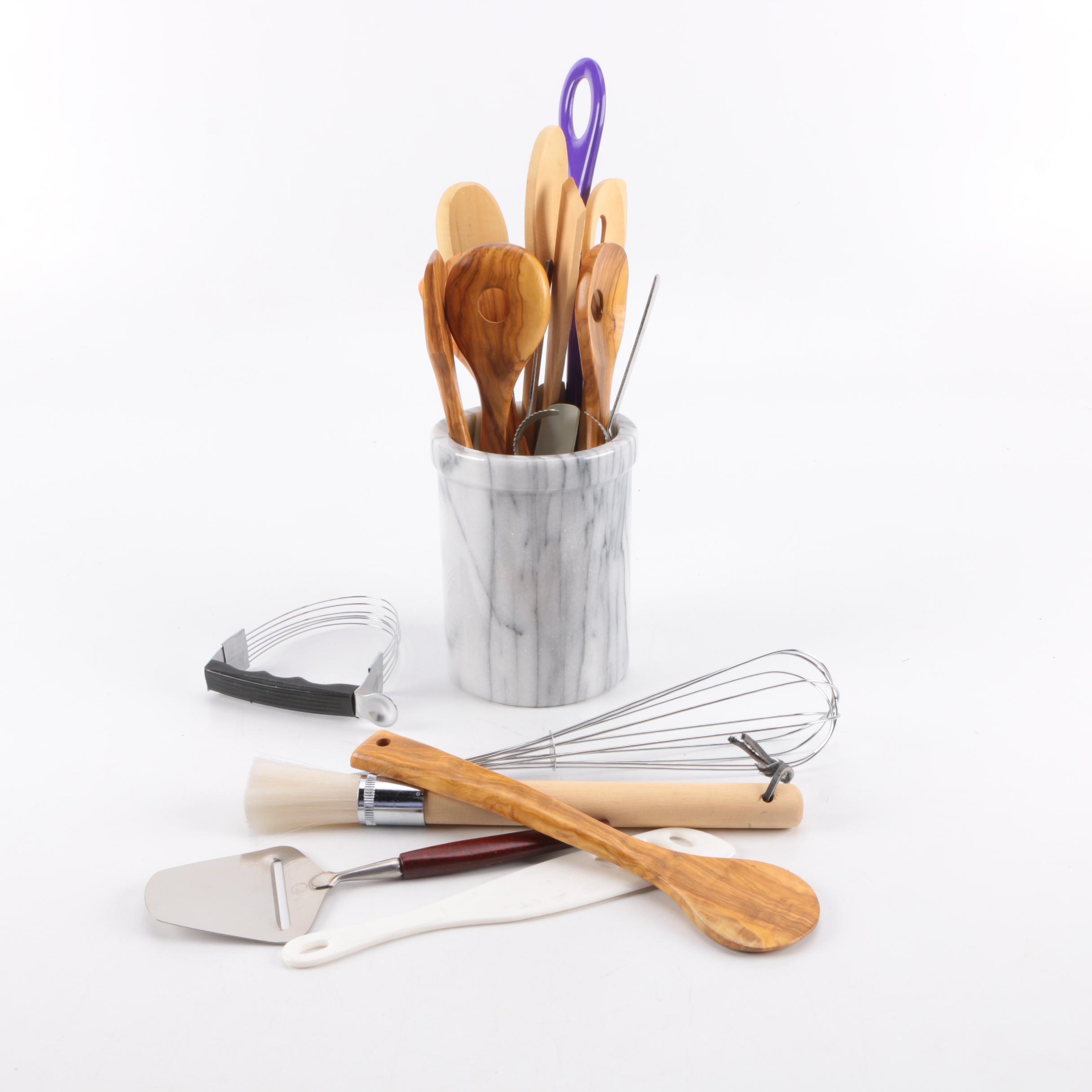 Marble Utensil Holder with Kitchen Utensils