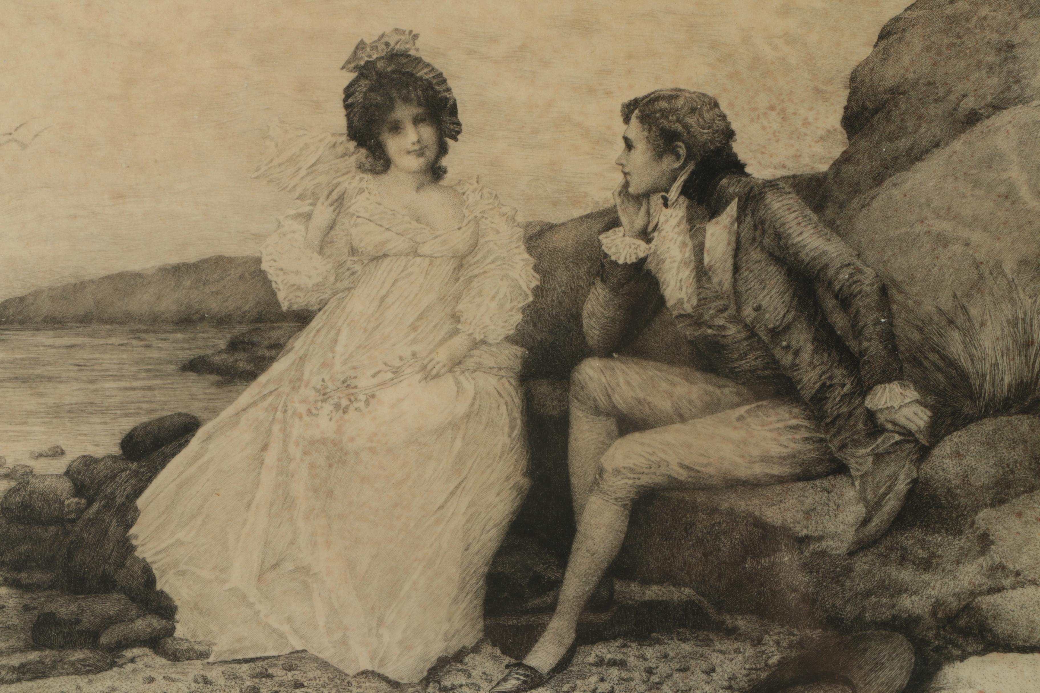 Edward Percy Moran Etching of a Young Couple by the Sea