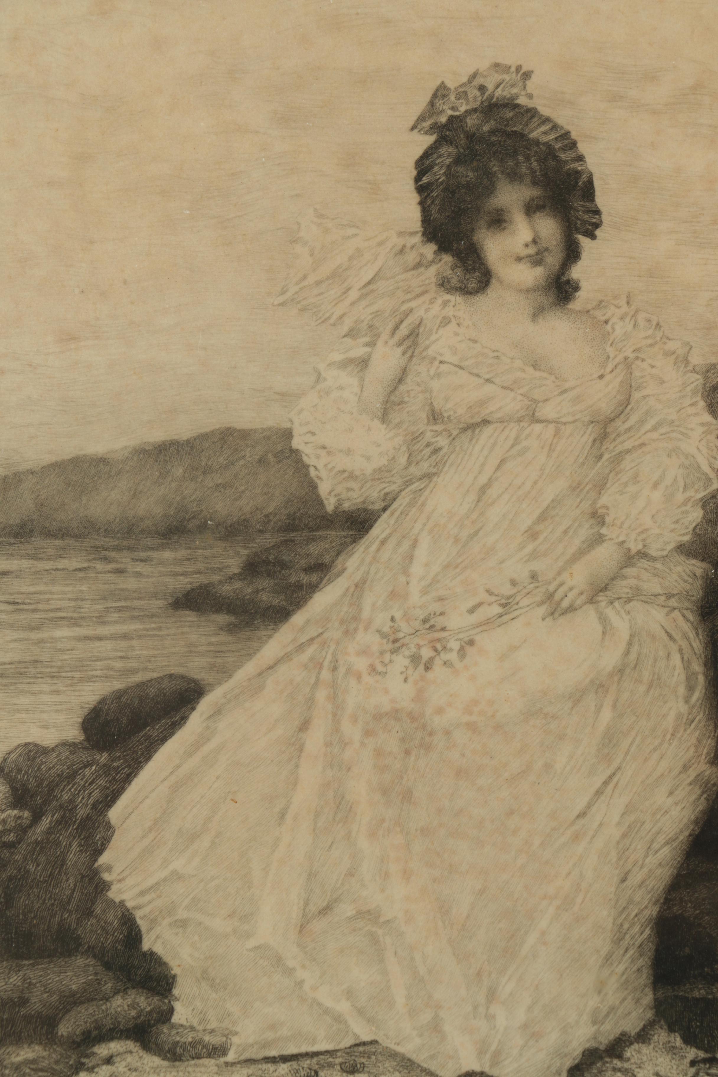 Edward Percy Moran Etching of a Young Couple by the Sea