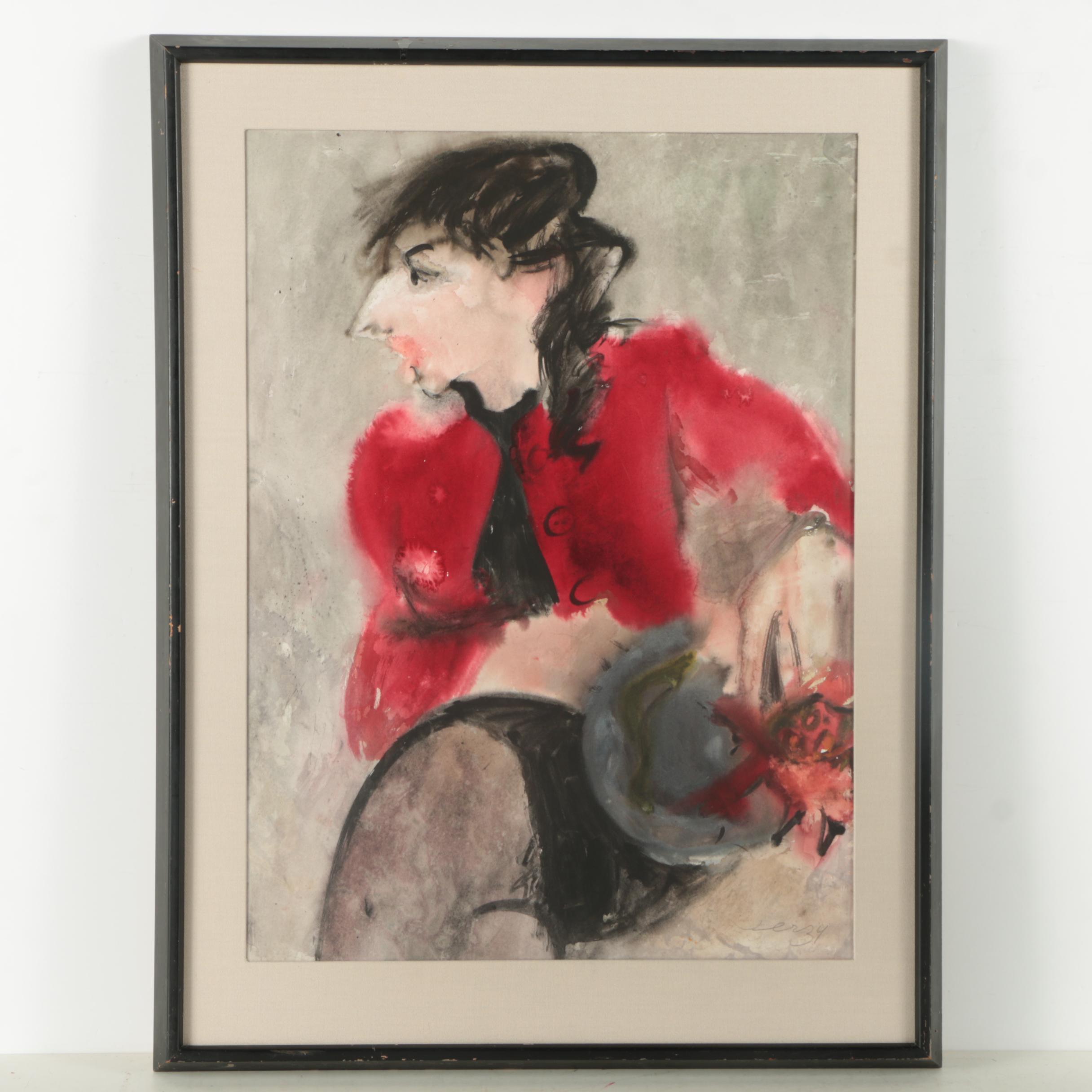 Richard Jerzy Watercolor Painting of a Lady in Red