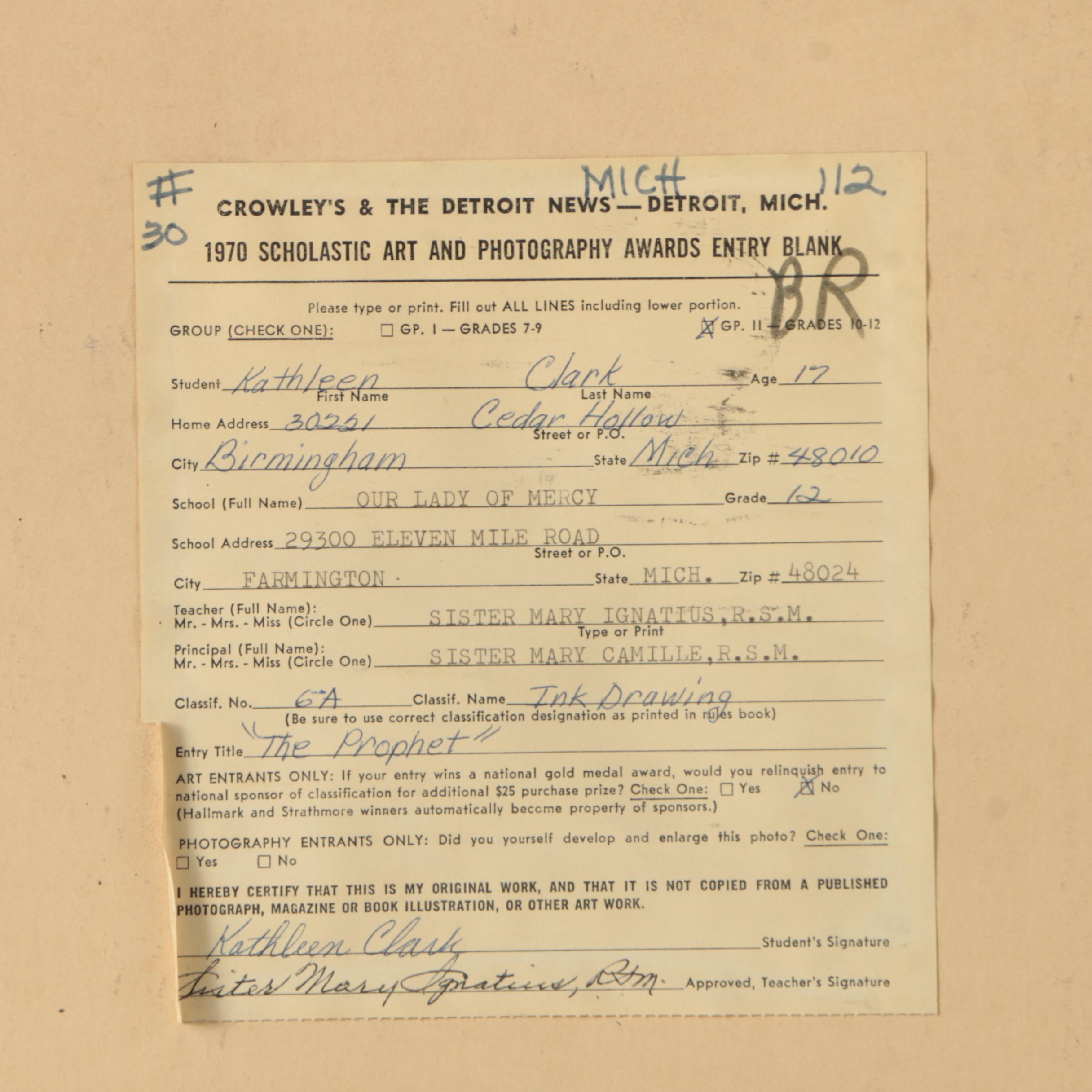 Kathleen Clark Ink and Ink Wash Drawing on Board "The Prophet"