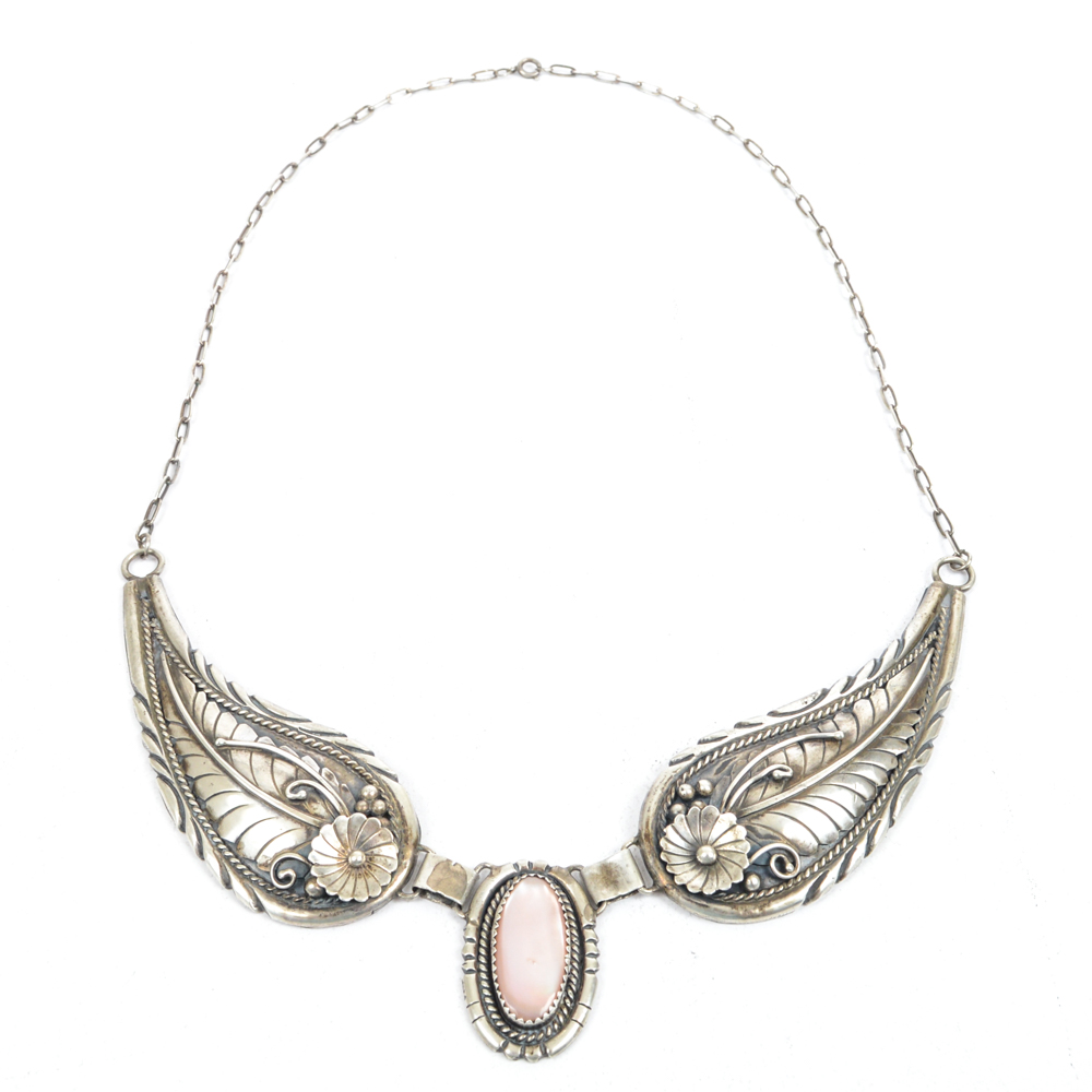 Native American Style Sterling Silver Mother of Pearl Wing Necklace