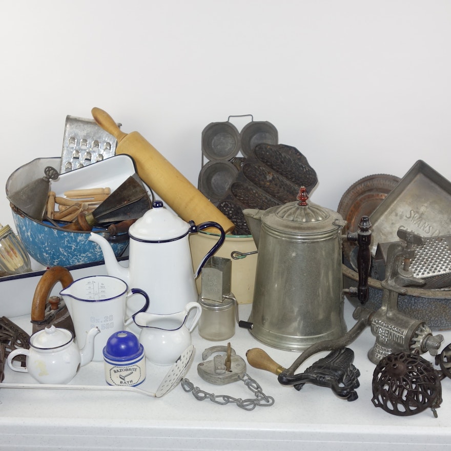 Collection of Vintage Kitchenware including Cast Iron and Enamelware