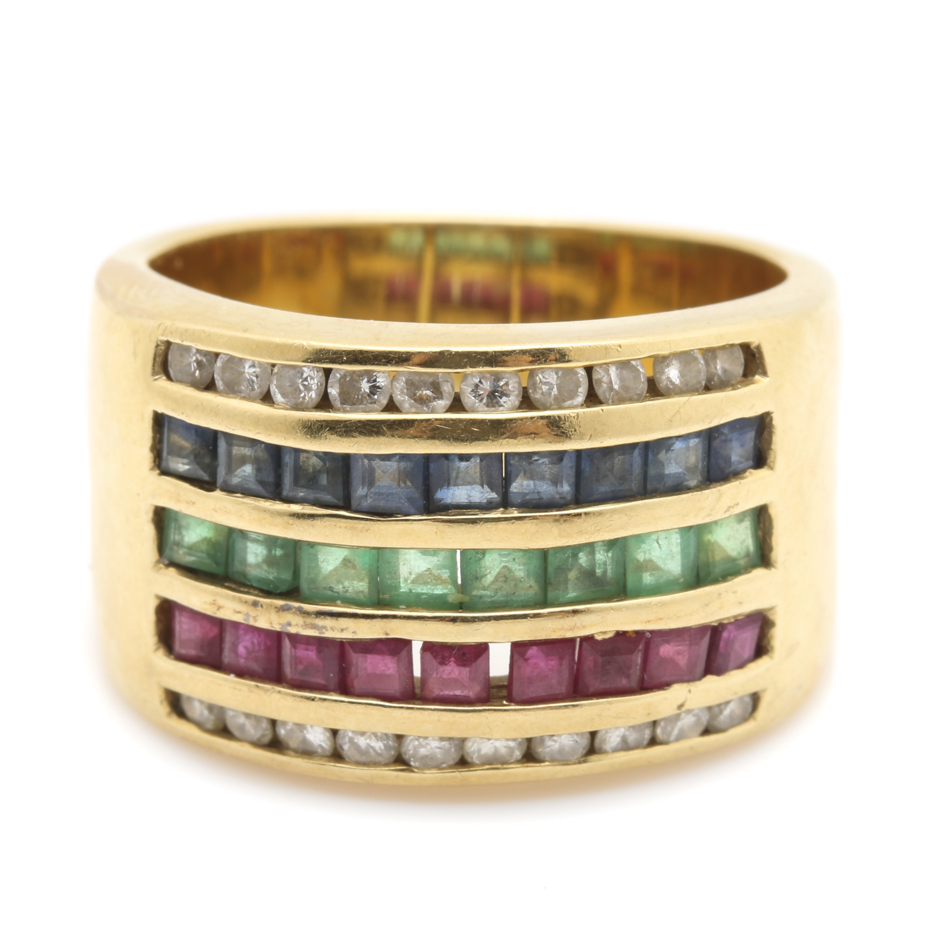 14K Yellow Gold Sapphire, Emerald, Ruby and Diamond Ring