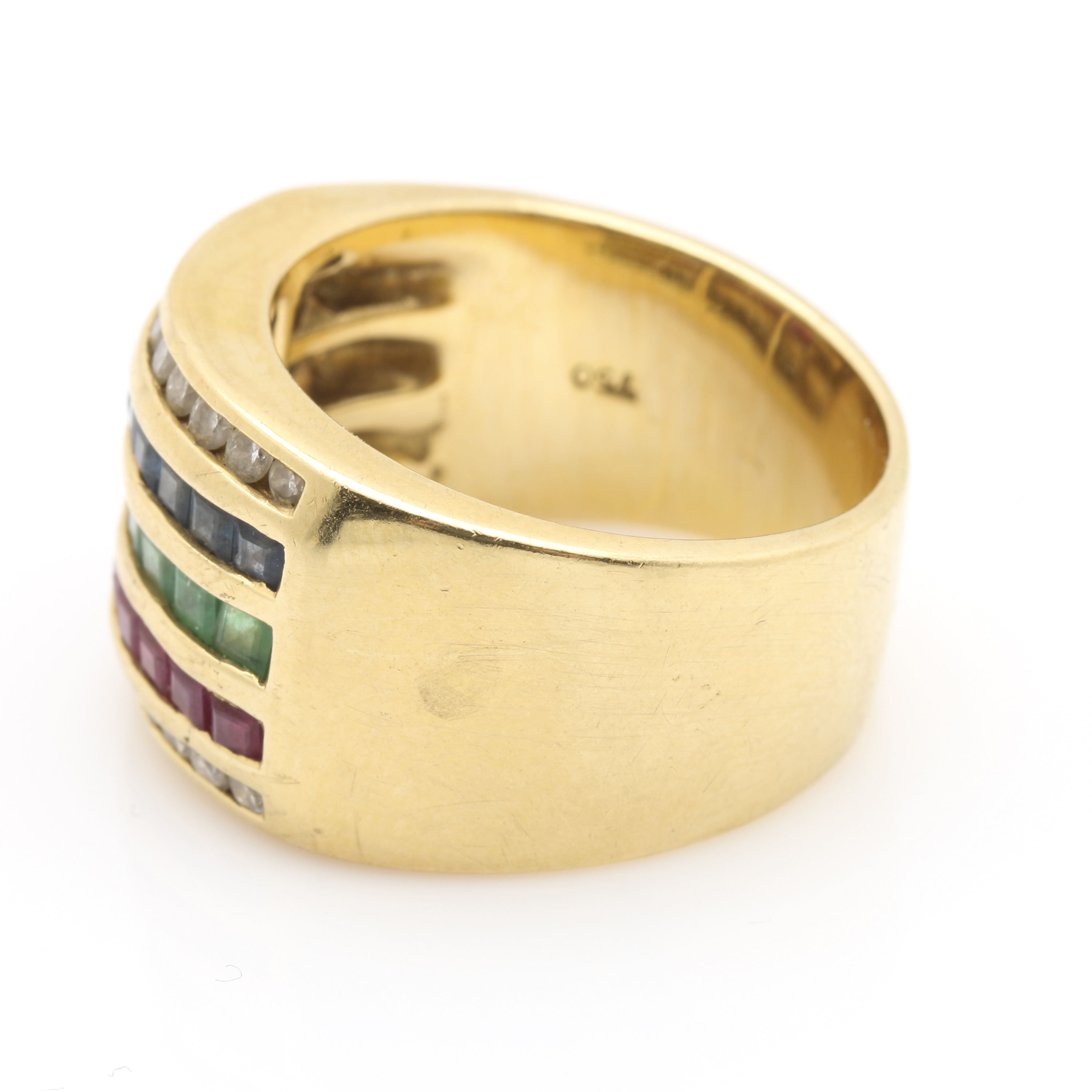 14K Yellow Gold Sapphire, Emerald, Ruby and Diamond Ring