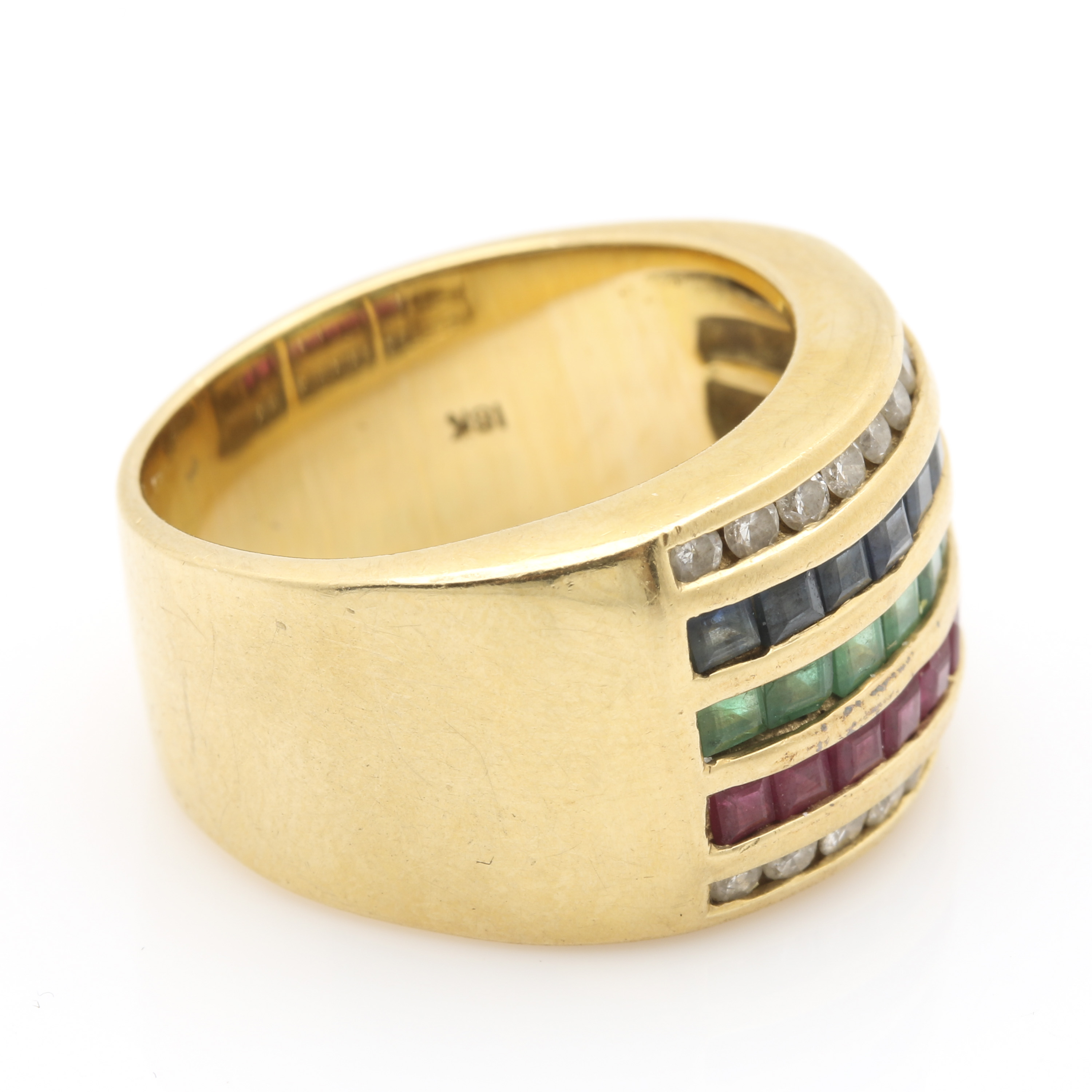 14K Yellow Gold Sapphire, Emerald, Ruby and Diamond Ring