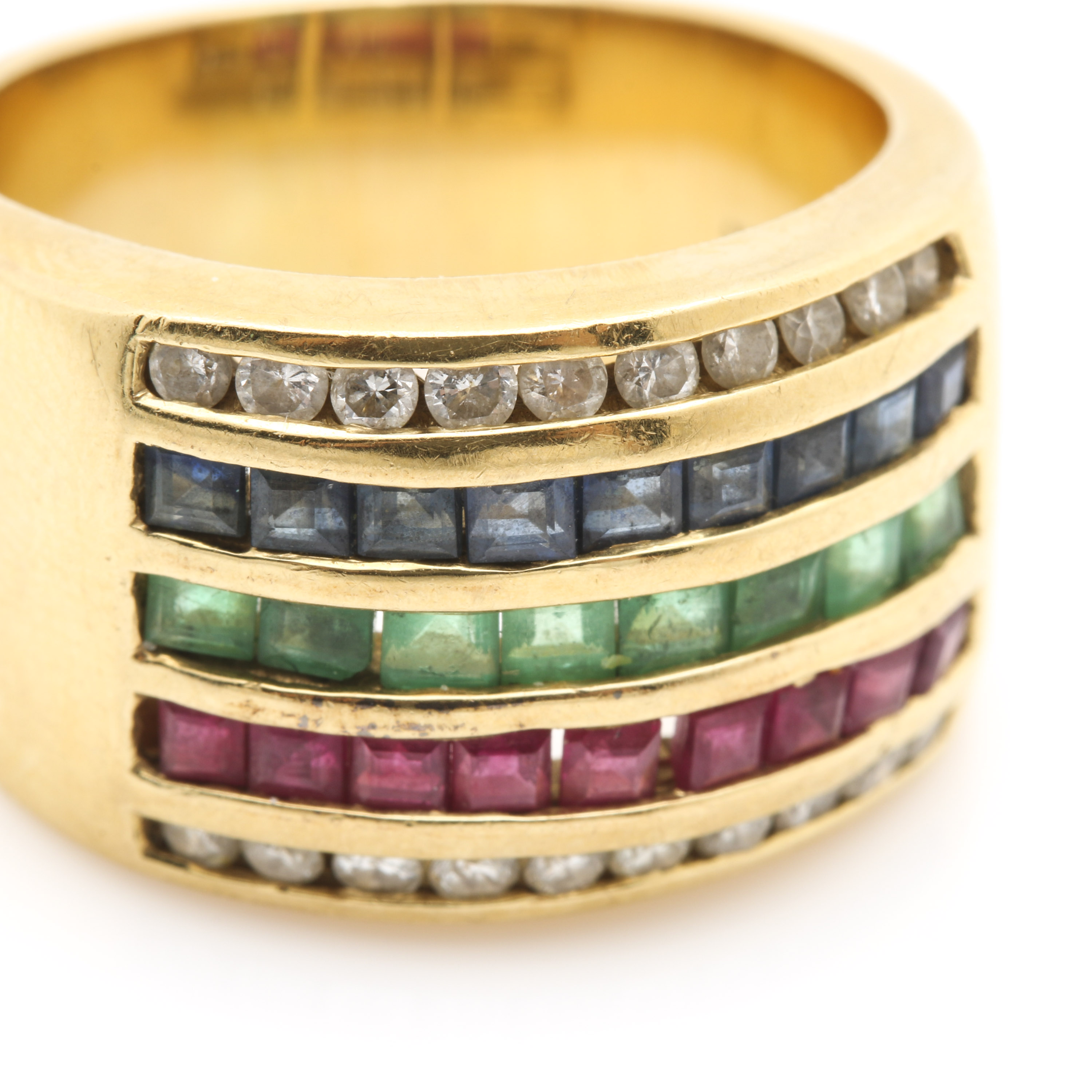 14K Yellow Gold Sapphire, Emerald, Ruby and Diamond Ring