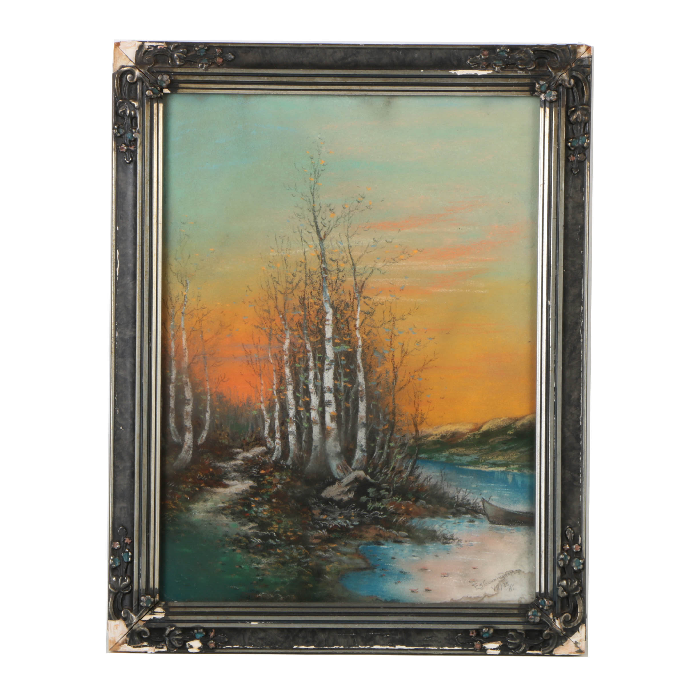 E. J. Cunningham Pastel Drawing of Shore Scene