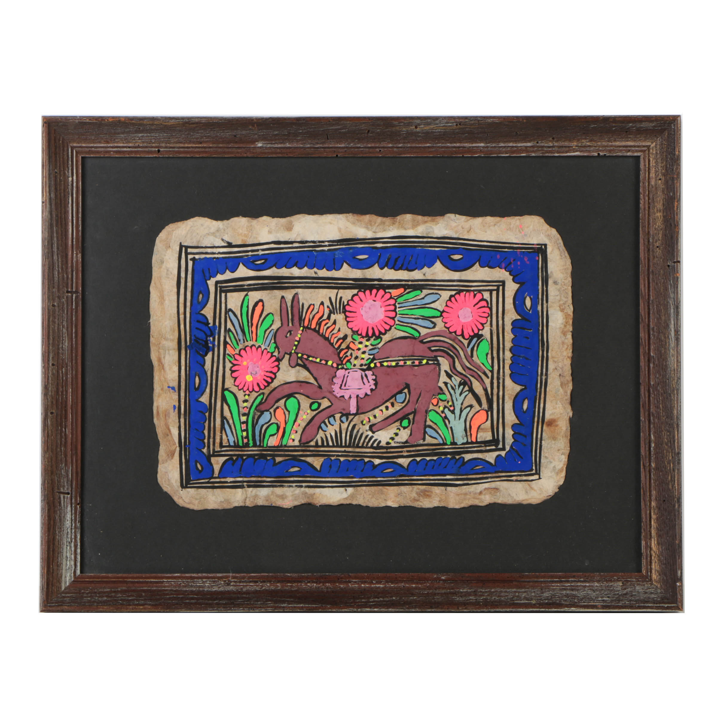 Central American Style Gouache Painting on Amate Paper of Horse