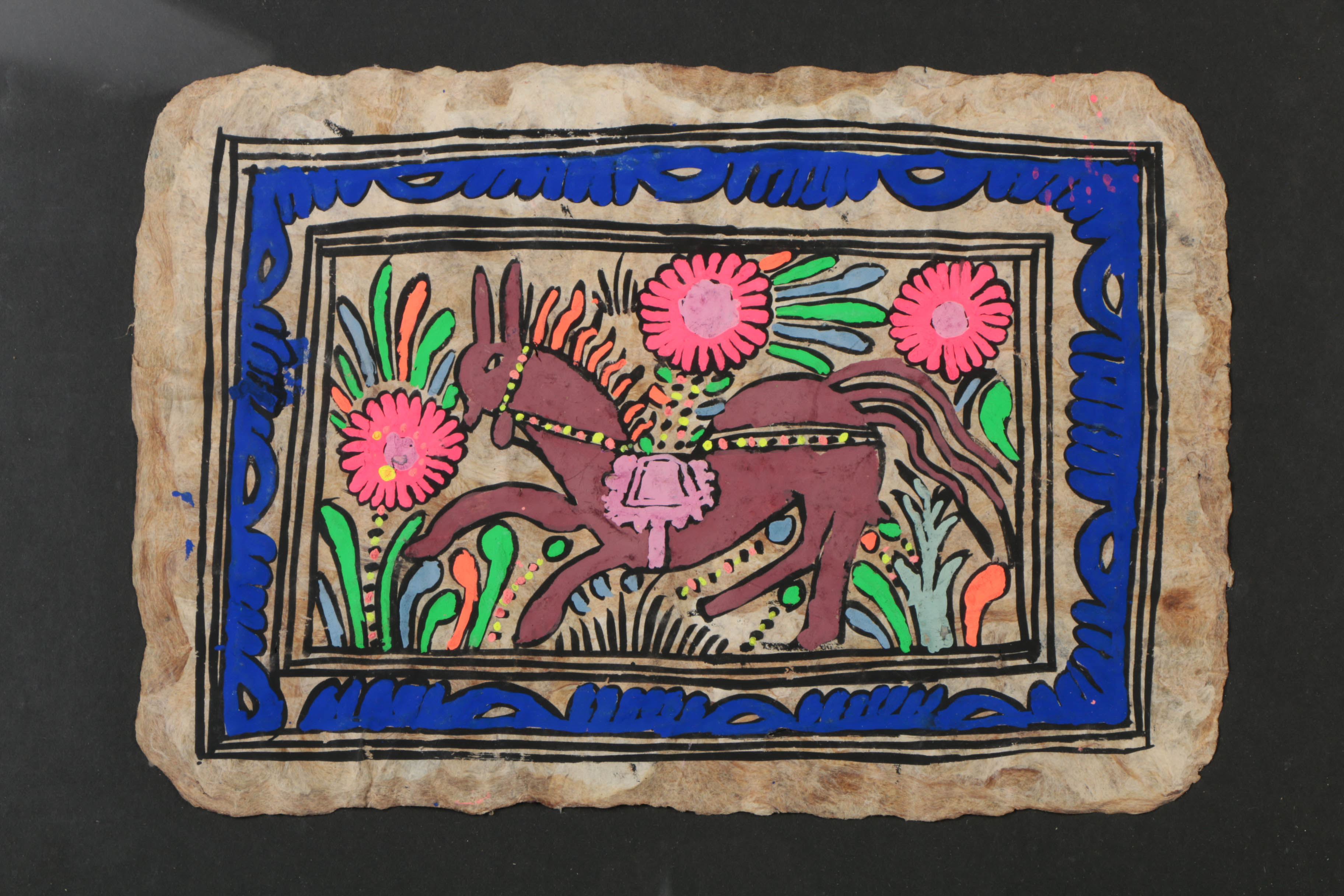 Central American Style Gouache Painting on Amate Paper of Horse