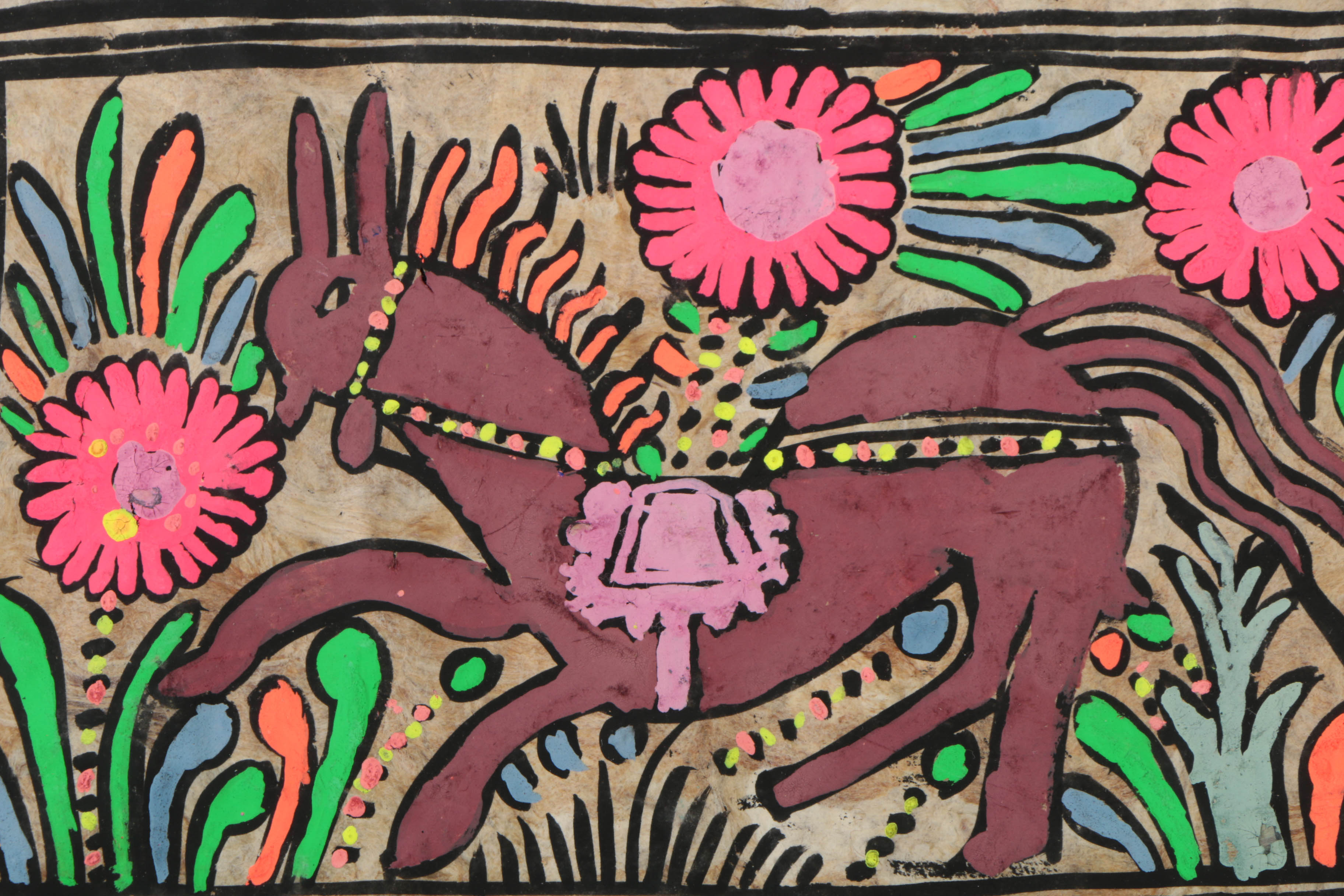 Central American Style Gouache Painting on Amate Paper of Horse