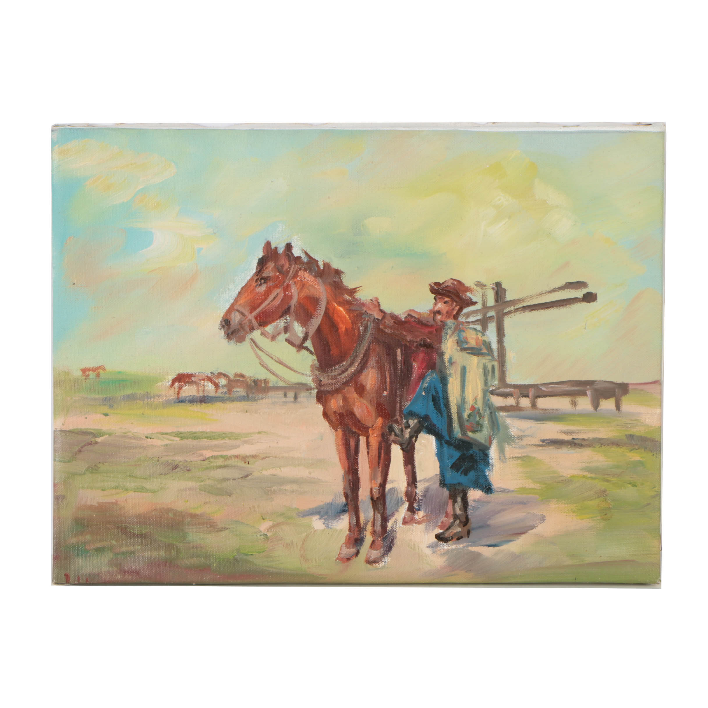 Oil Painting on Canvas of Man with Horse