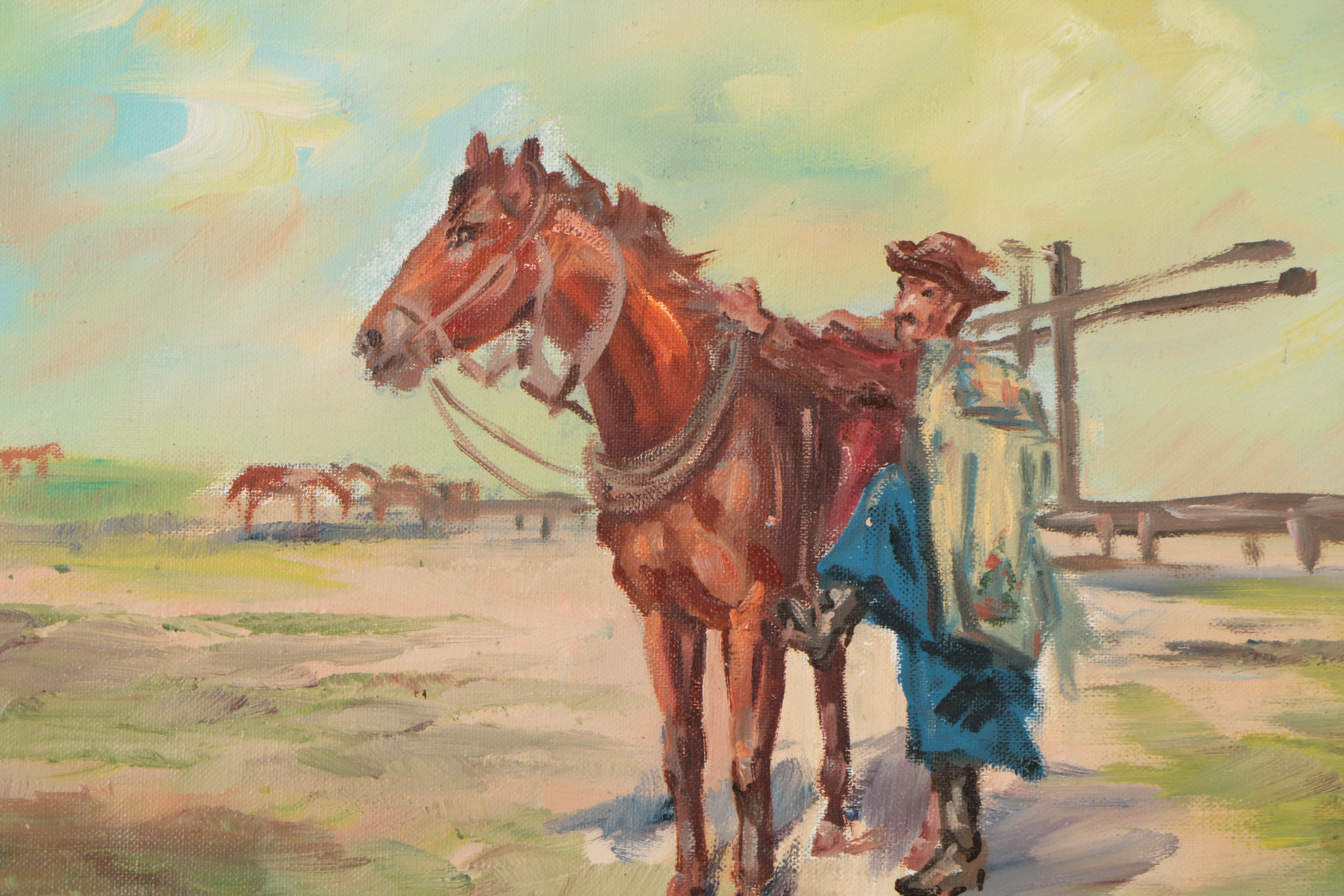 Oil Painting on Canvas of Man with Horse