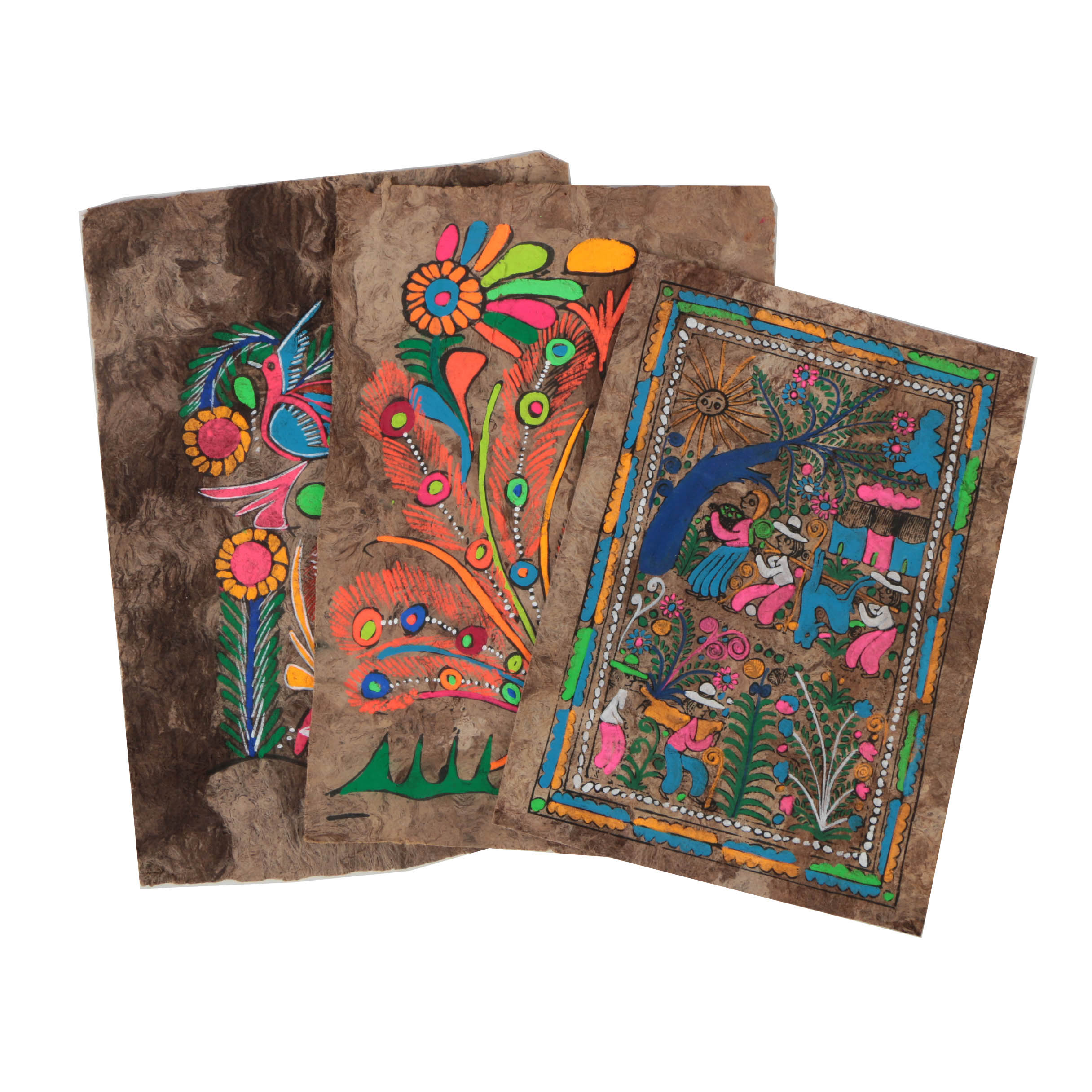 Three Mexican Folk Art Gouache Paintings on Bark