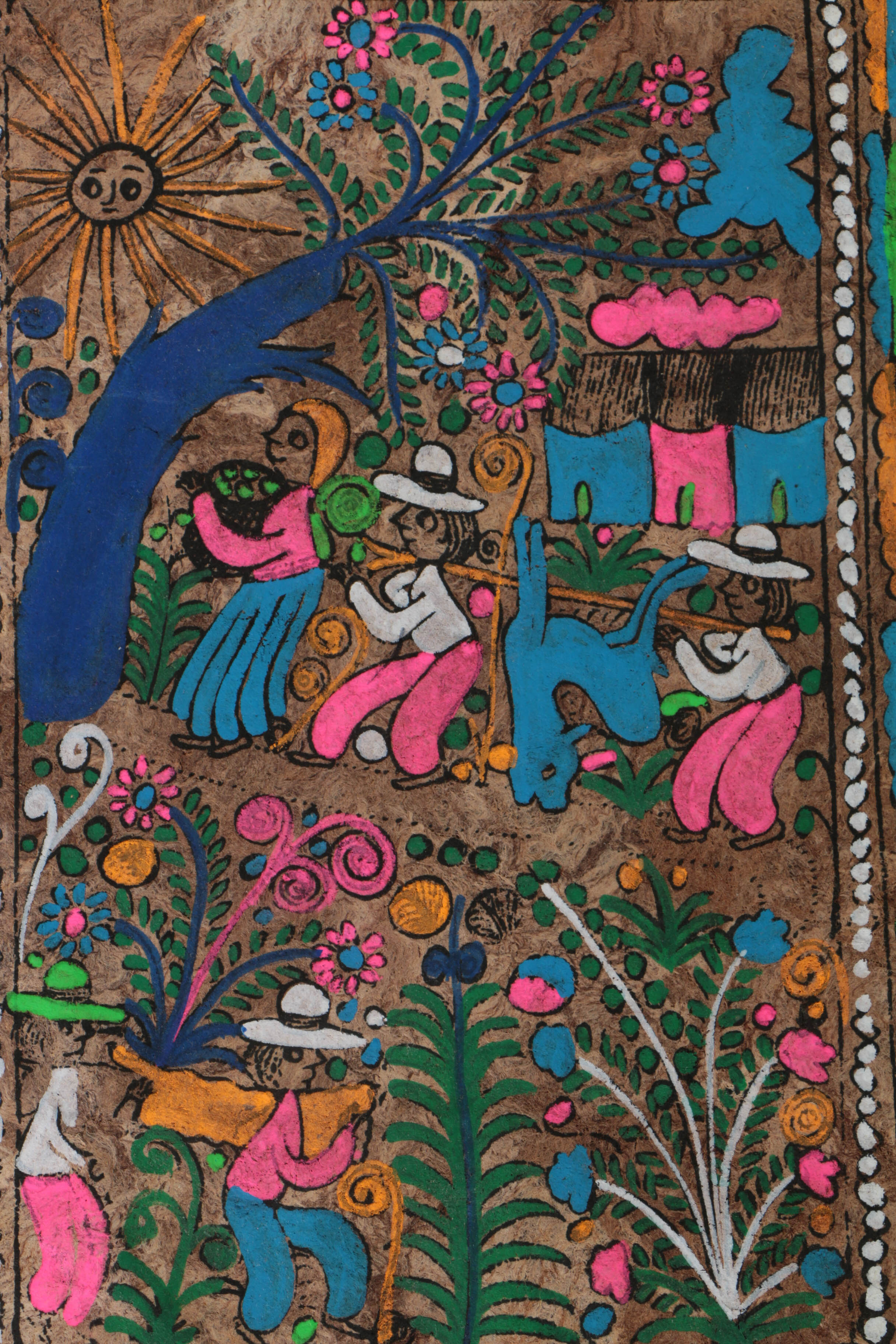 Three Mexican Folk Art Gouache Paintings on Bark