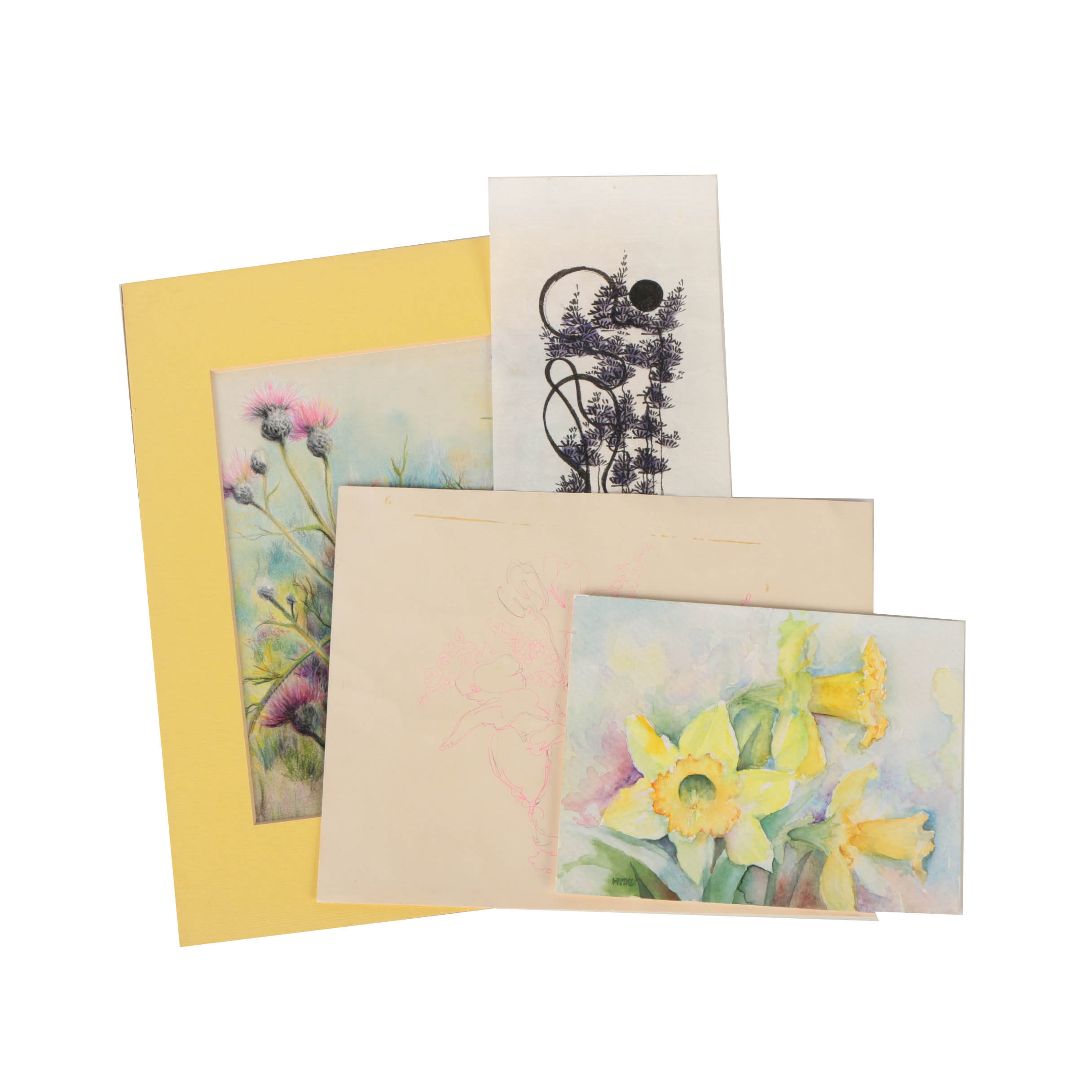 Grouping of Drawings and Paintings Including East Asian Style Piece