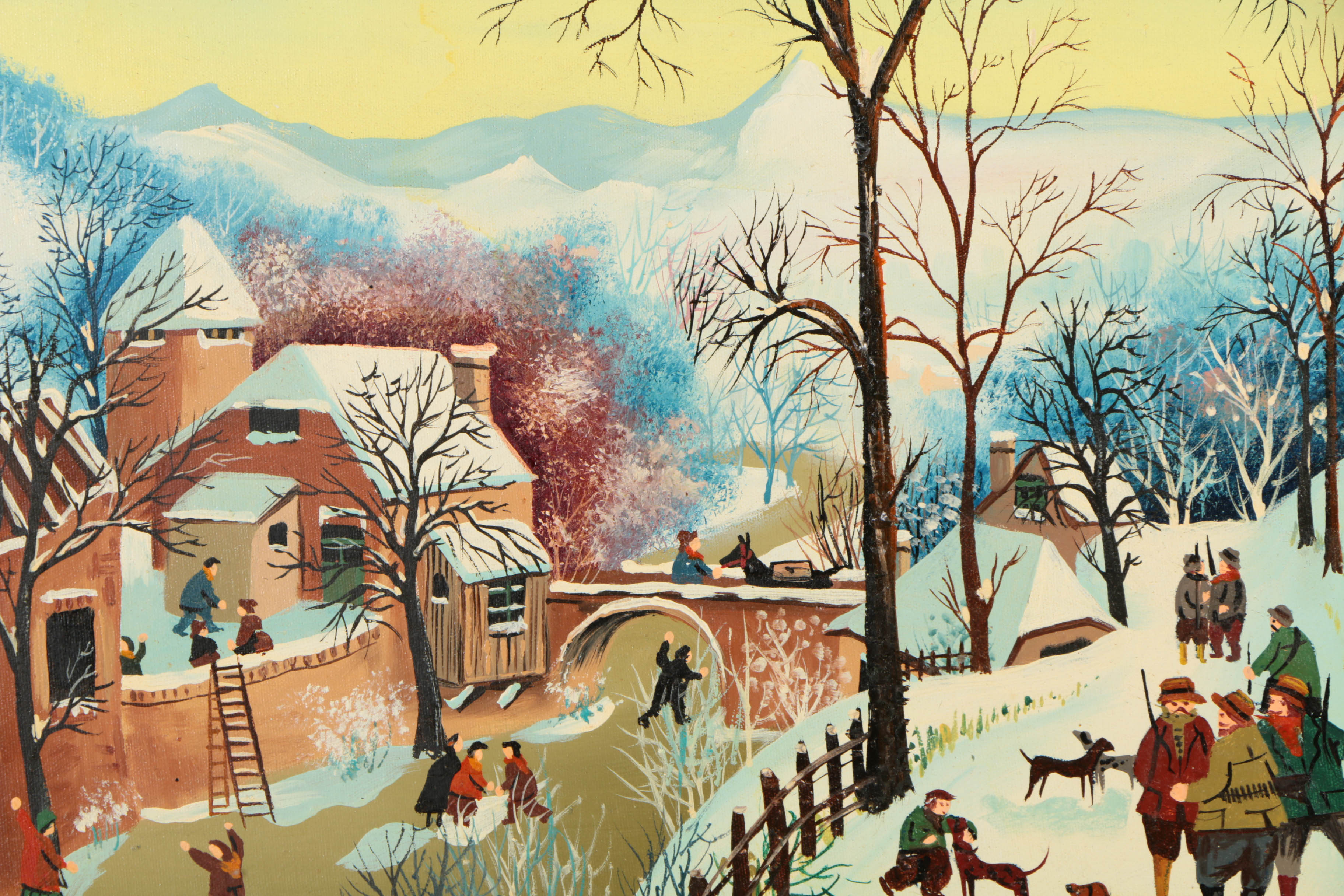 Signed Oil on Canvas of a Village Winter Scene by Artist Named Janos