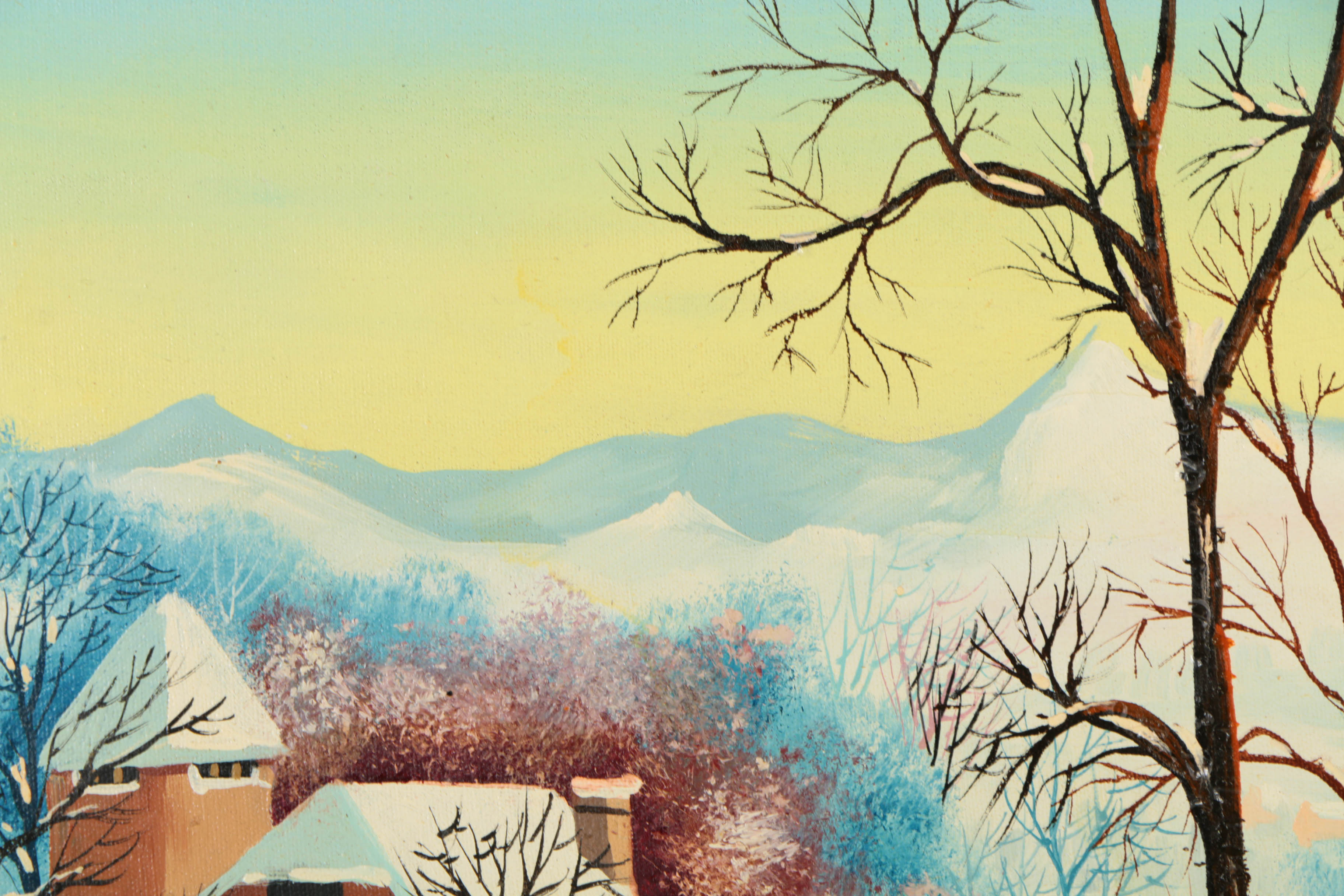 Signed Oil on Canvas of a Village Winter Scene by Artist Named Janos