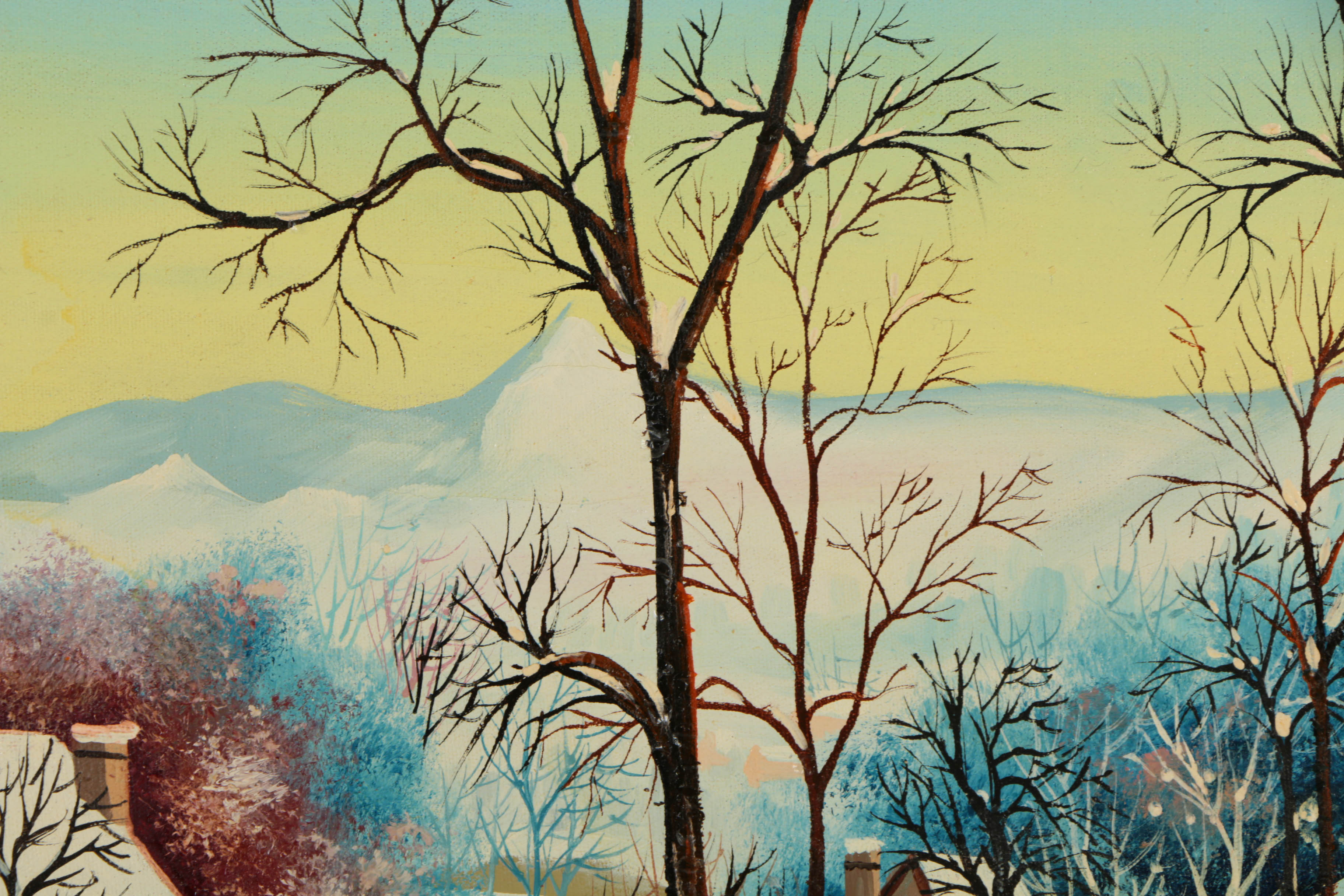 Signed Oil on Canvas of a Village Winter Scene by Artist Named Janos