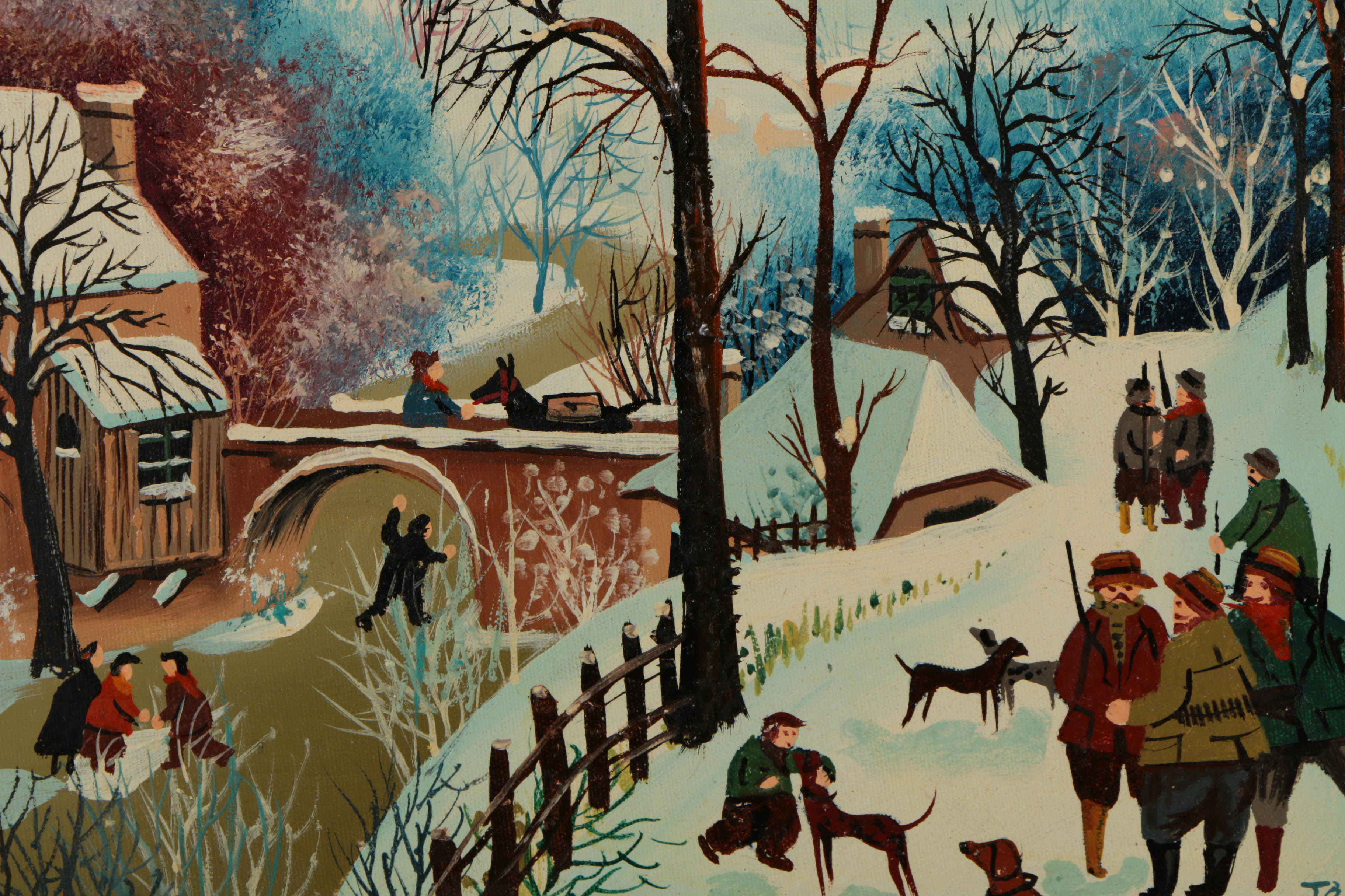 Signed Oil on Canvas of a Village Winter Scene by Artist Named Janos