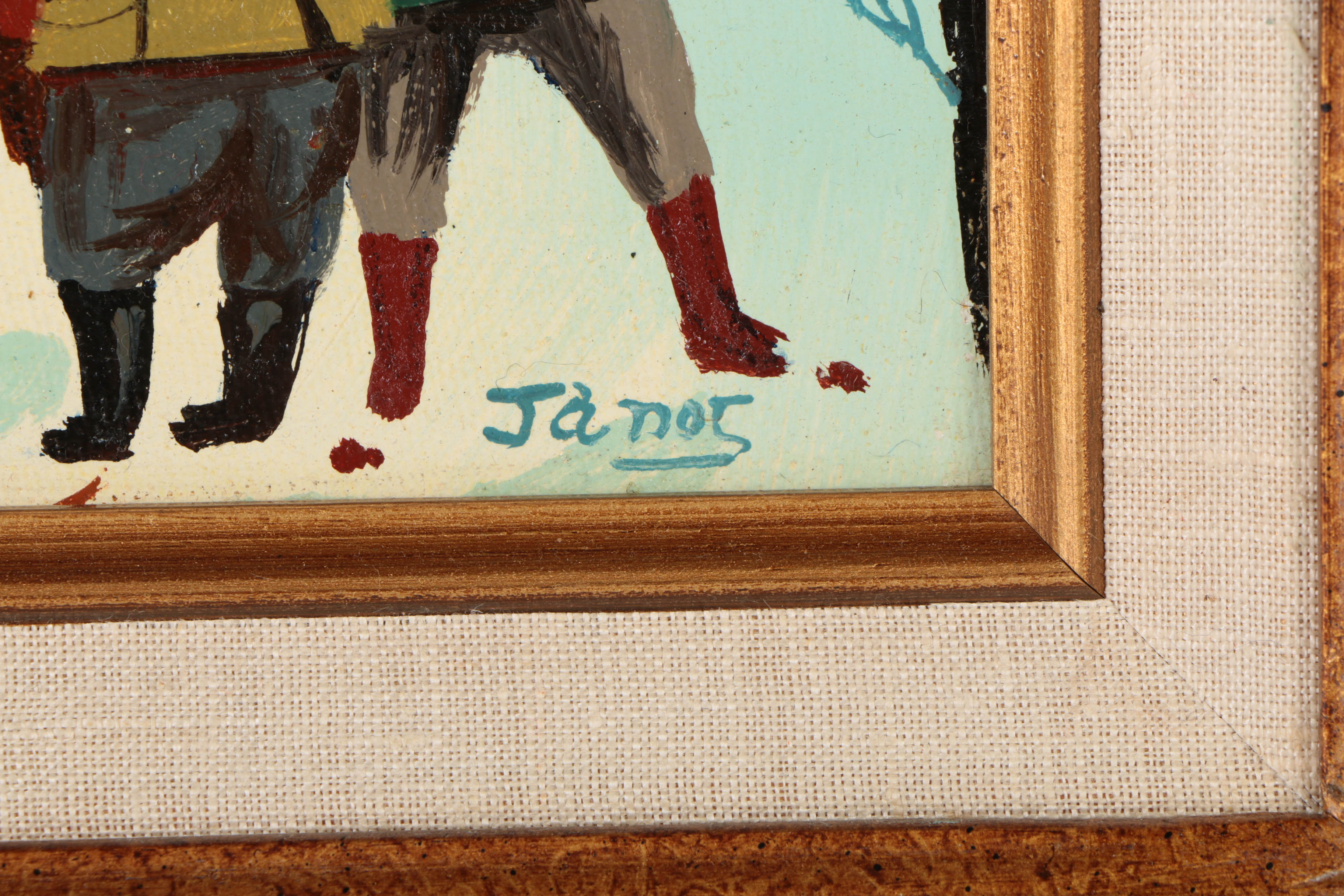 Signed Oil on Canvas of a Village Winter Scene by Artist Named Janos