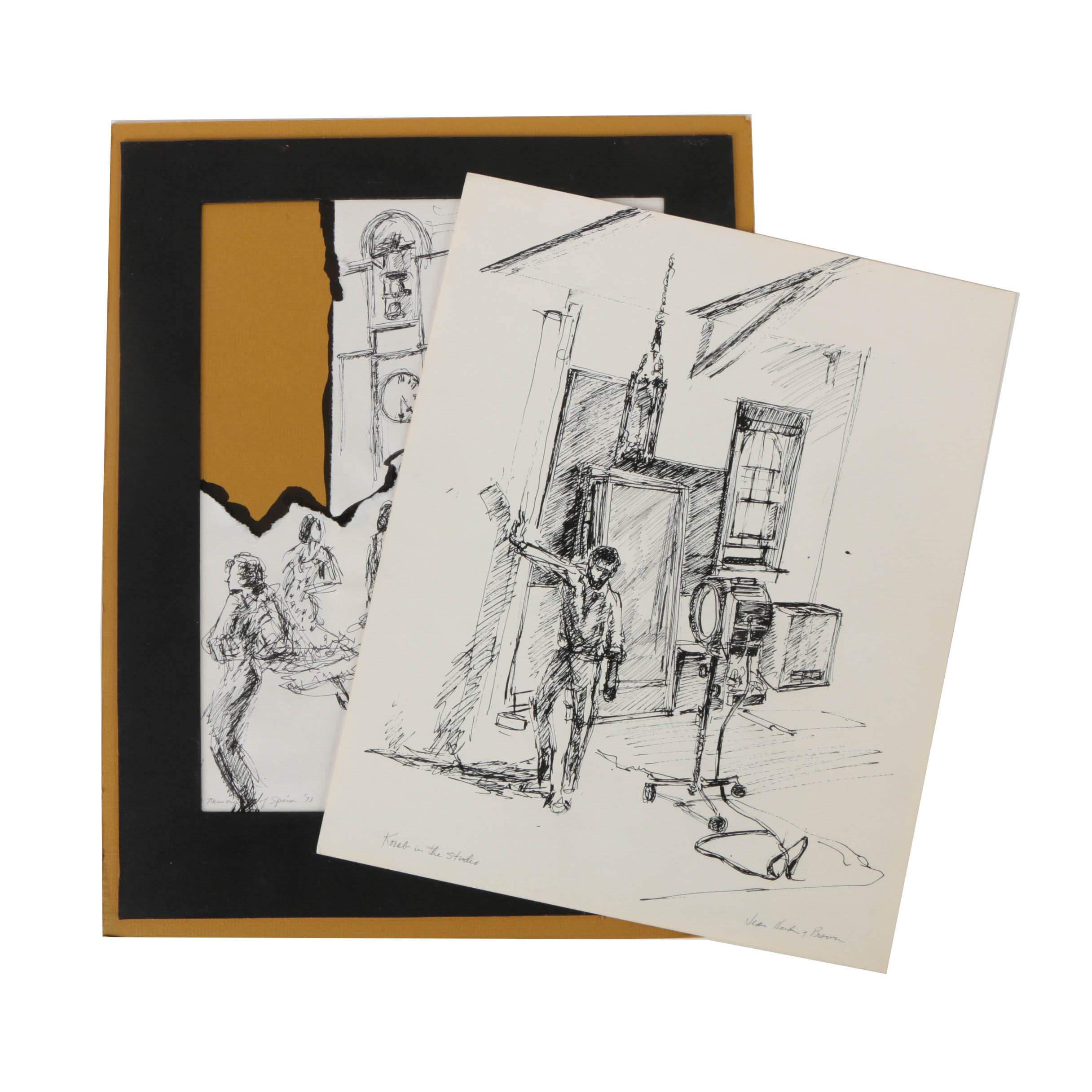 Jean Harding Brown Ink Drawings "Memory of Spain" and "Korab in the Studio"