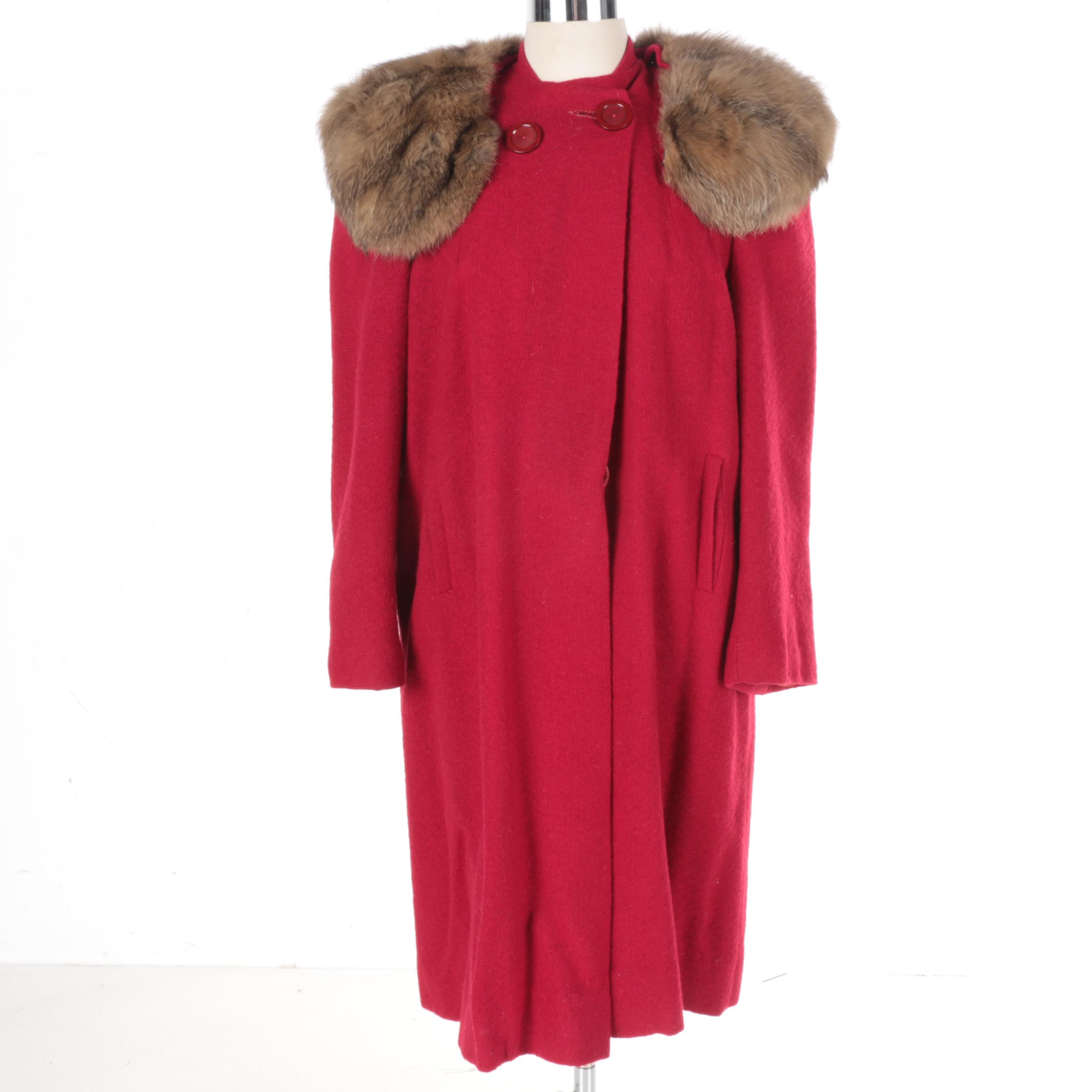 Red Coat with Rabbit Fur Collar
