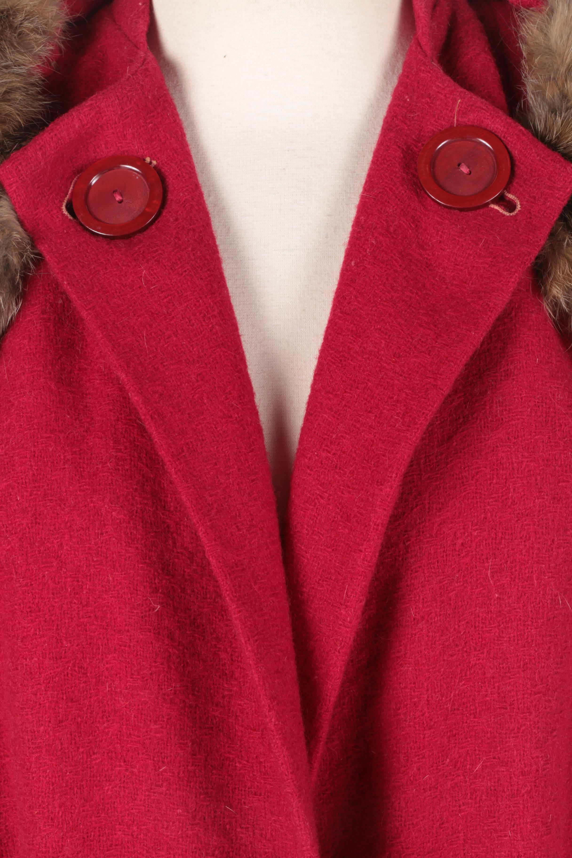 Red Coat with Rabbit Fur Collar