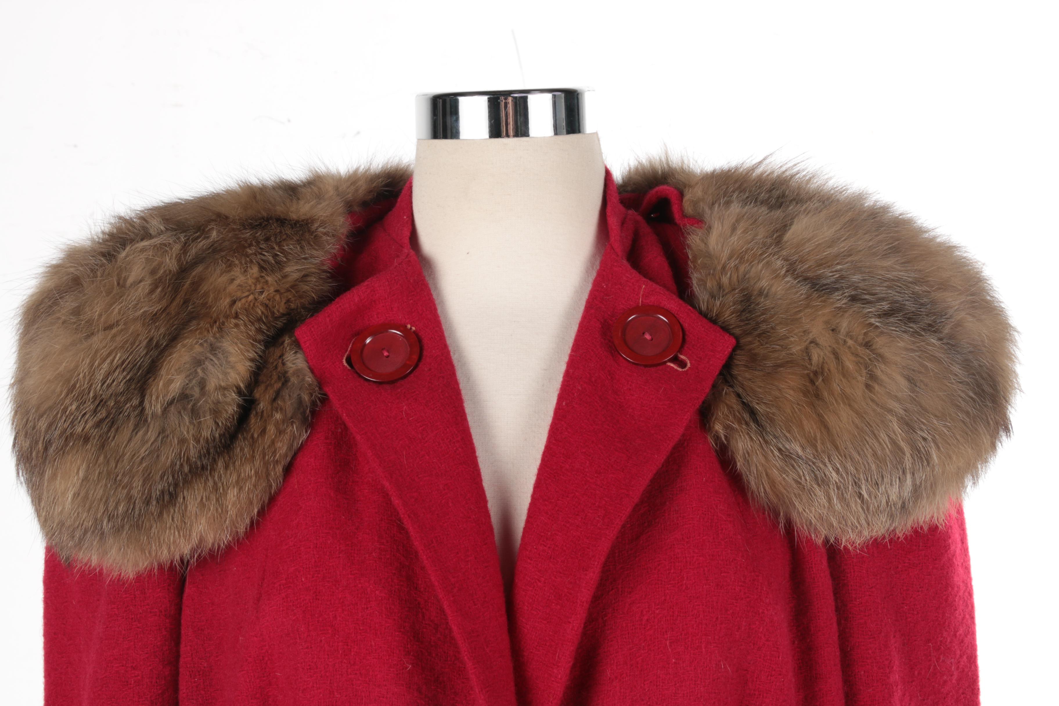 Red Coat with Rabbit Fur Collar