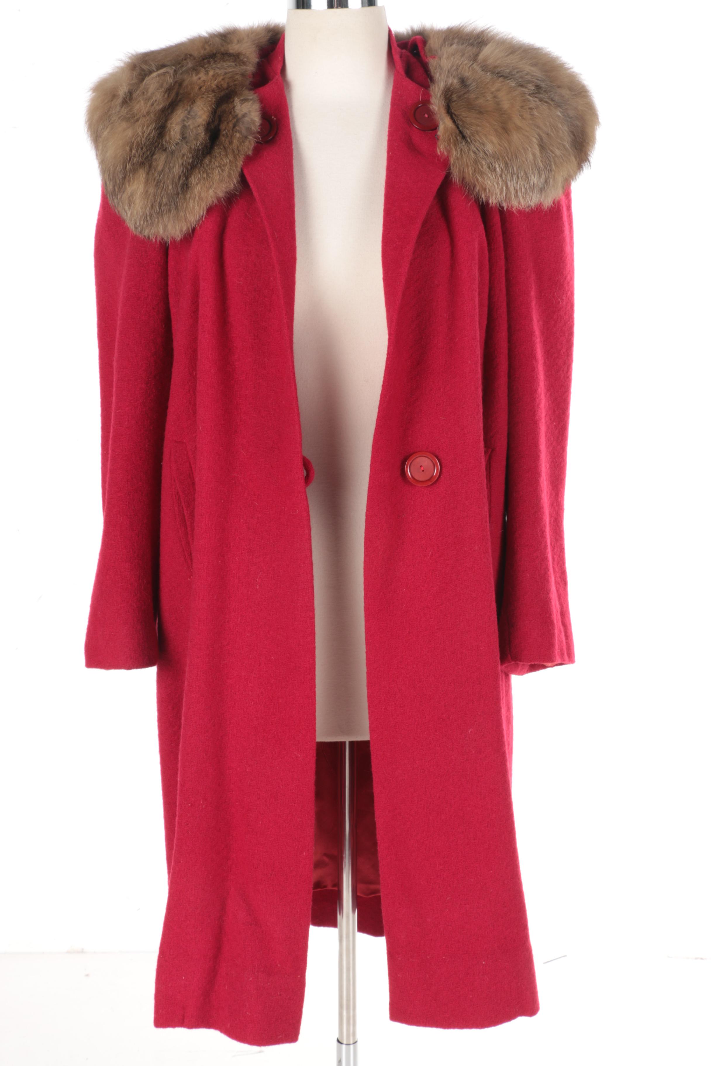 Red Coat with Rabbit Fur Collar