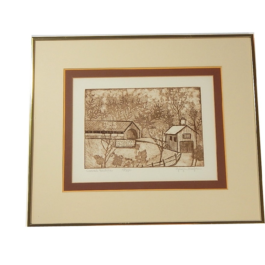Ginger Hughes Limited Edition Dry Point Etching "Covered Bridges"