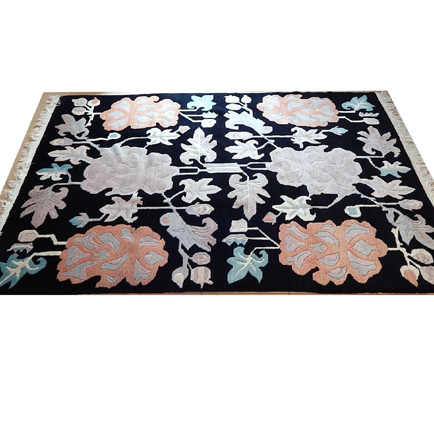 Black Sculpted Floral Wool Area Rug