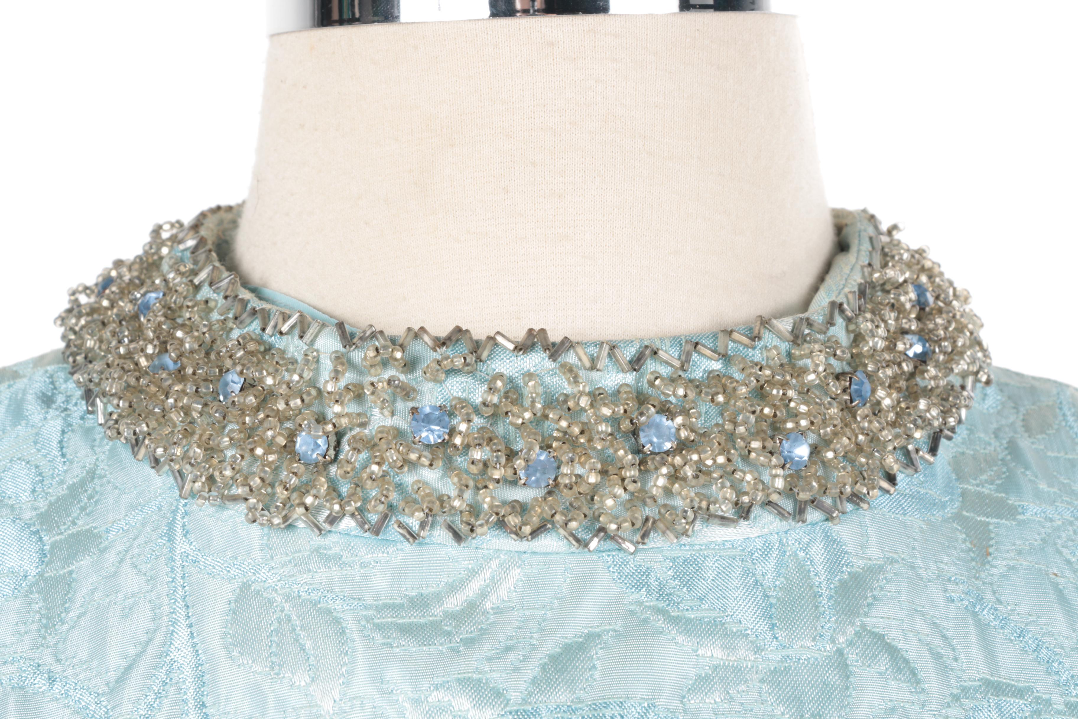 1960s Vintage Light Blue Brocade Embellished Dress