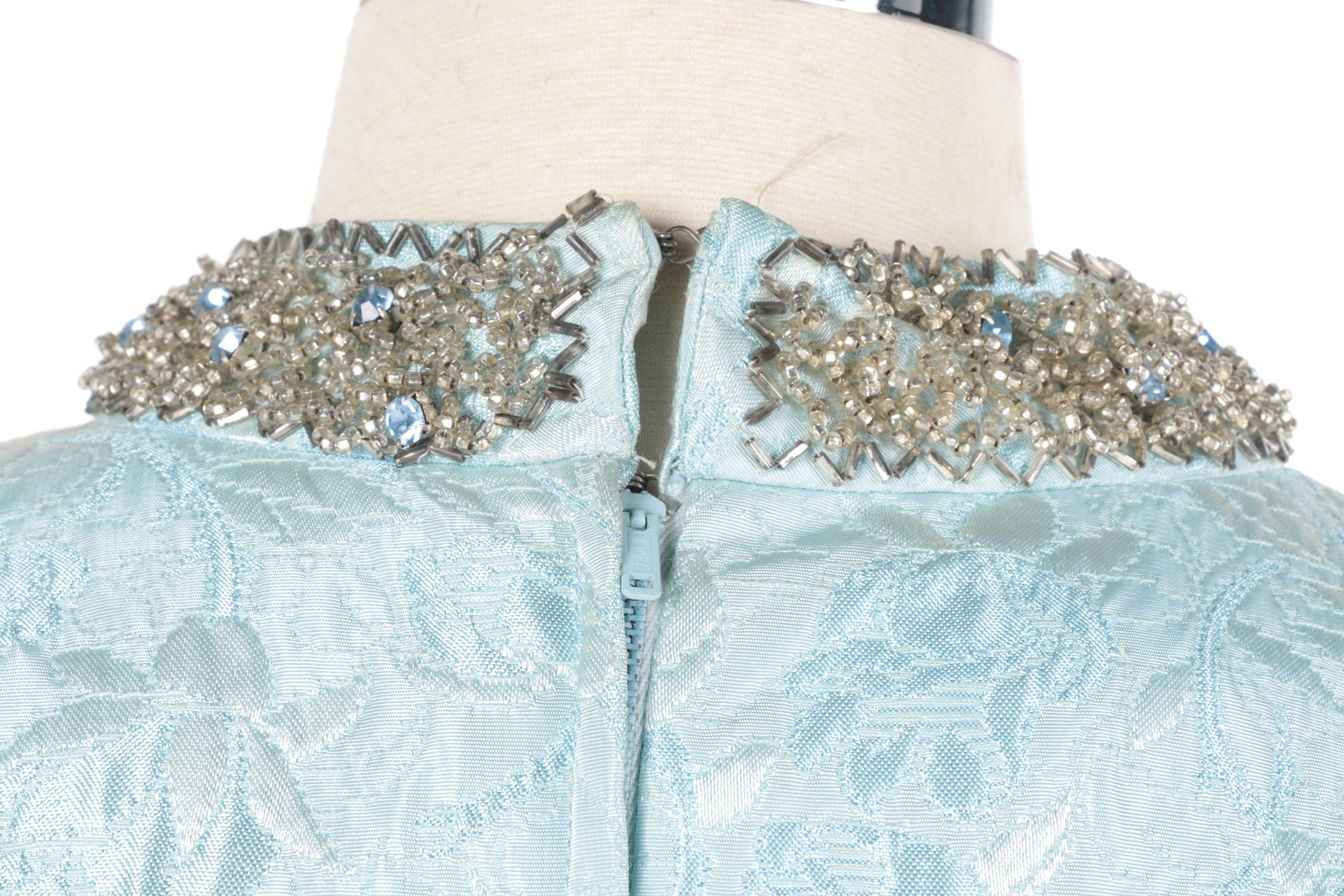 1960s Vintage Light Blue Brocade Embellished Dress