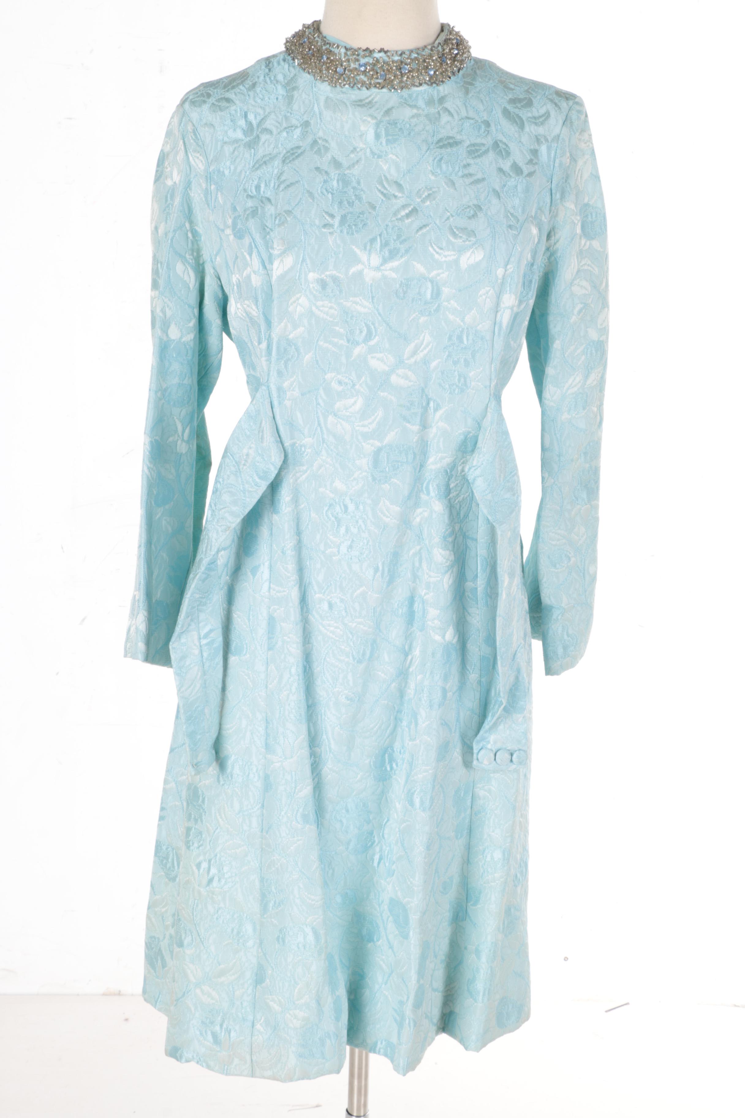 1960s Vintage Light Blue Brocade Embellished Dress