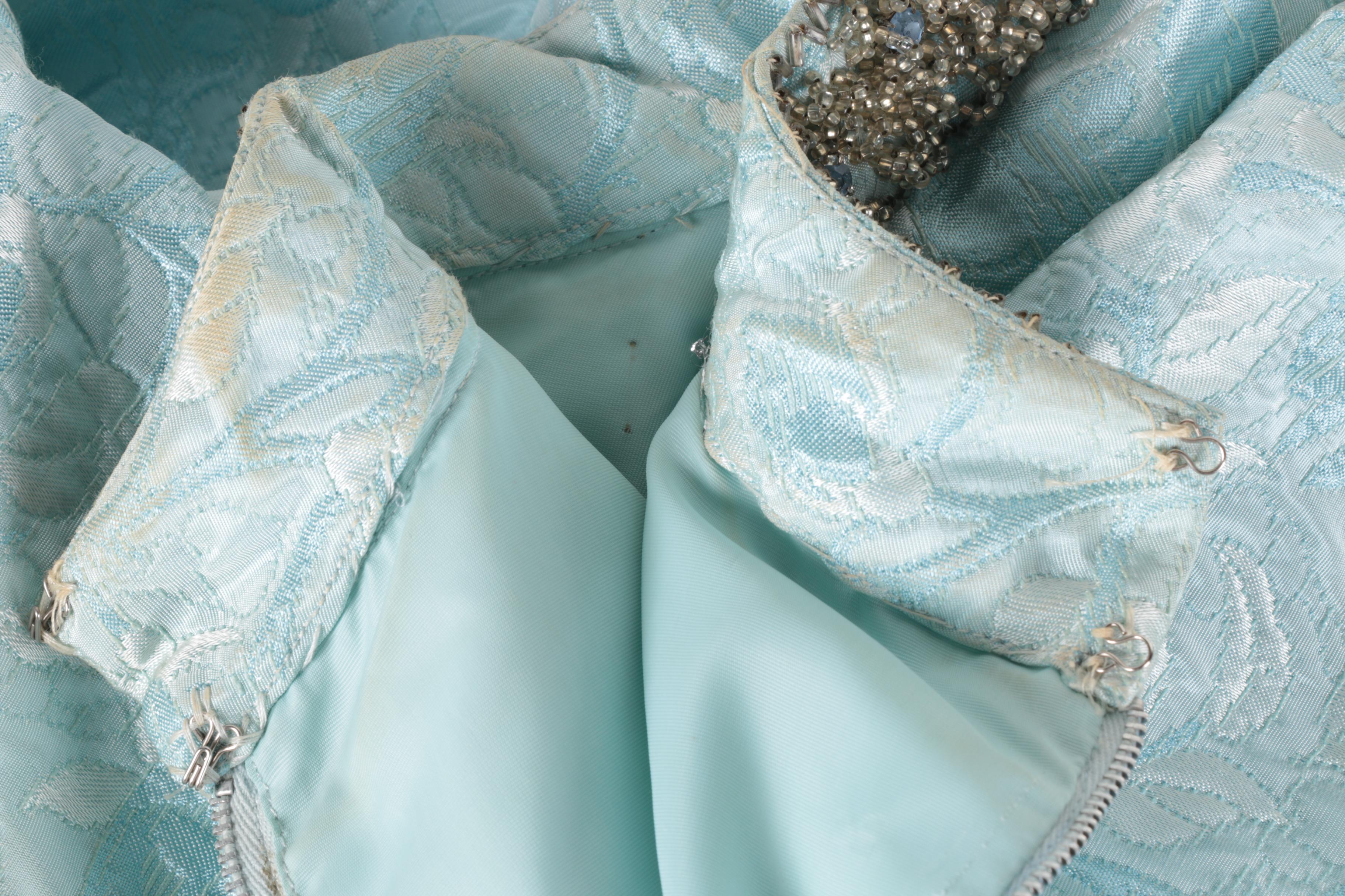1960s Vintage Light Blue Brocade Embellished Dress