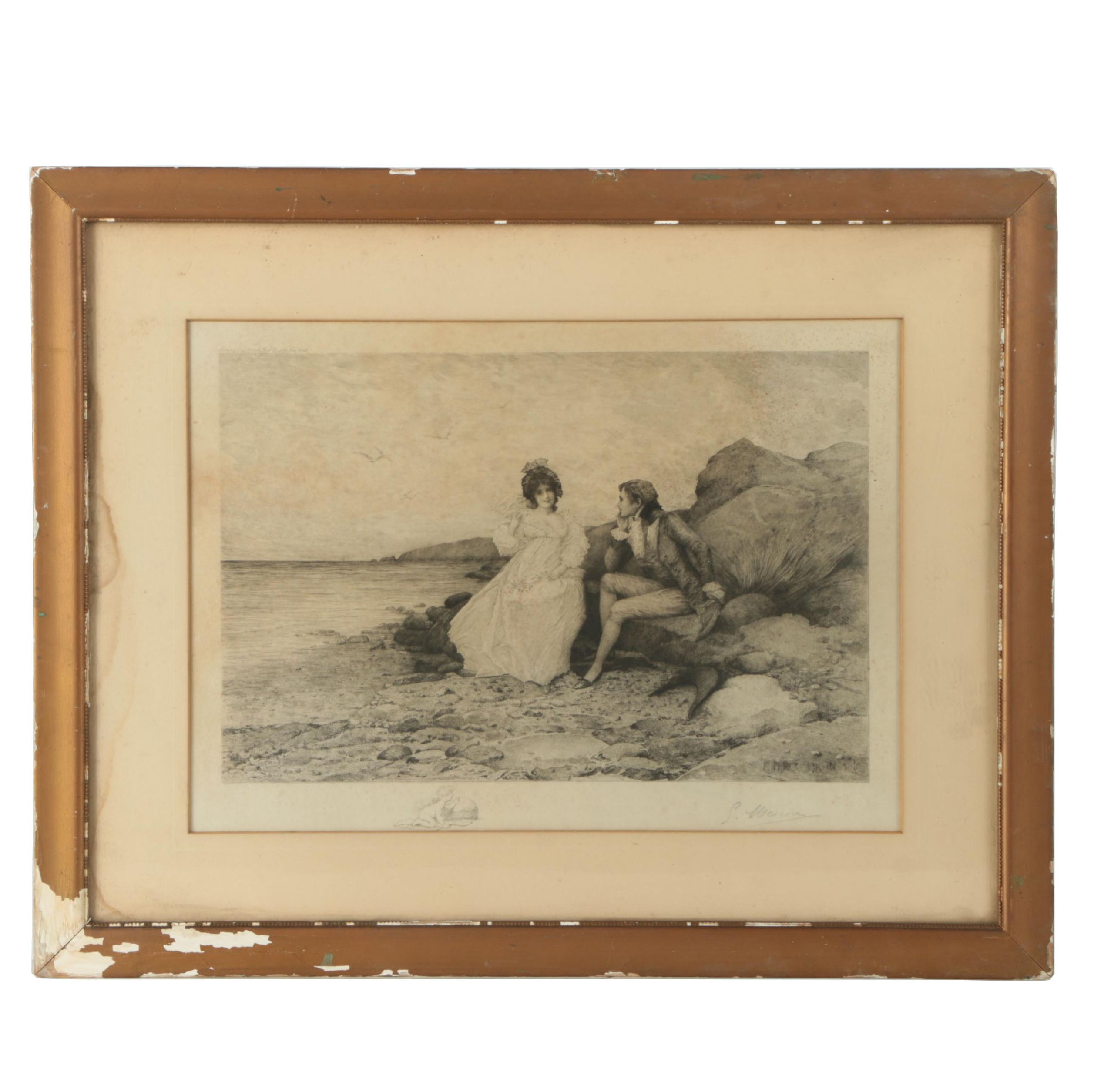Edward Percy Moran Etching of a Young Couple by the Sea