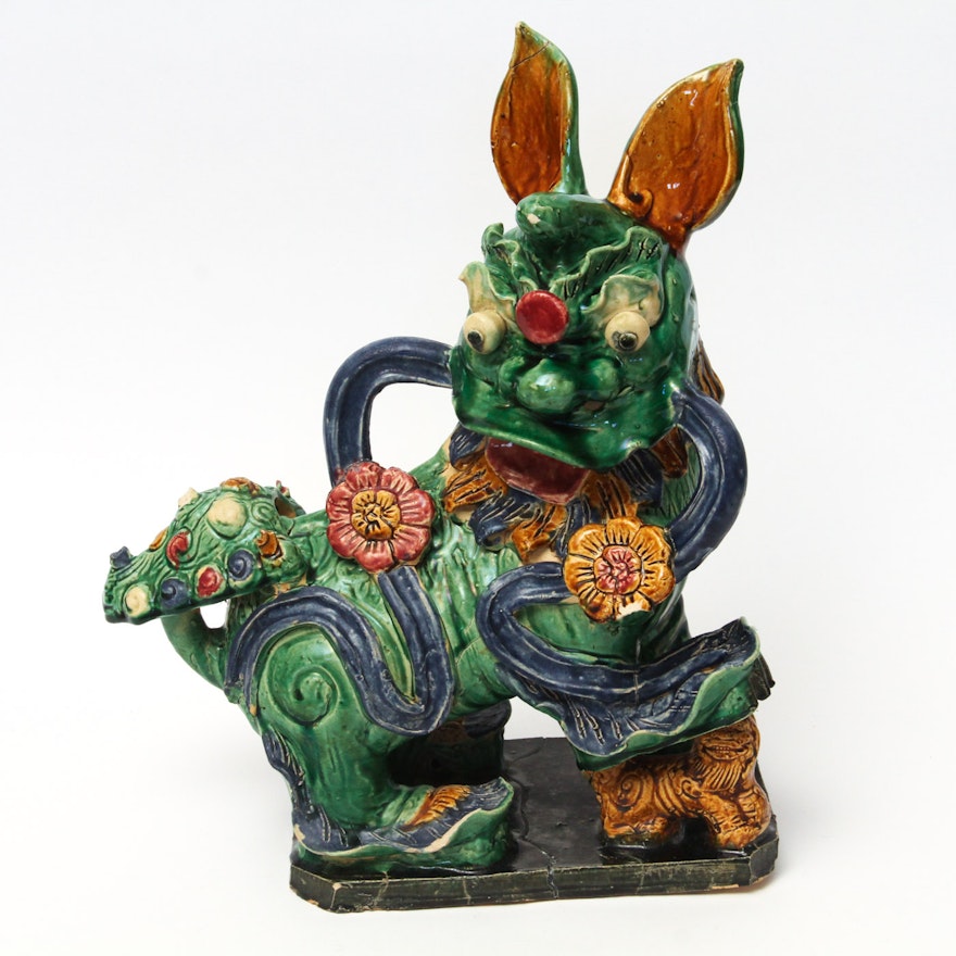 Vintage Chinese Ceramic Guardian Lion Statue